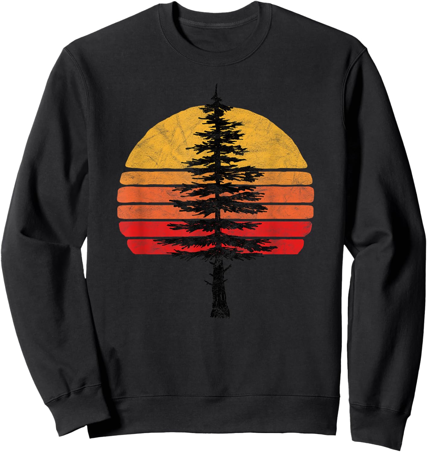 Retro Sun Minimalist White Pine Tree Illustration Graphic Sweatshirt - Sweatshirt | Black