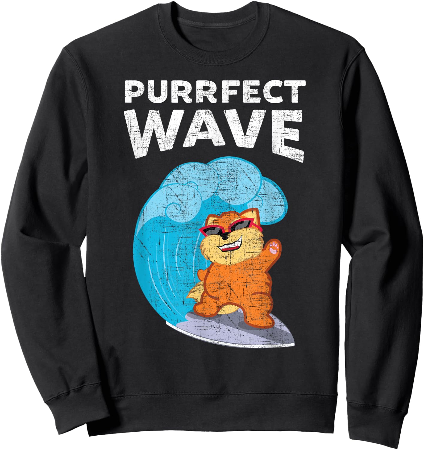 Purrfect Wave Cool Retro Vintage Cat Surf design Men Women Kids Sweatshirt - Sweatshirt | Black