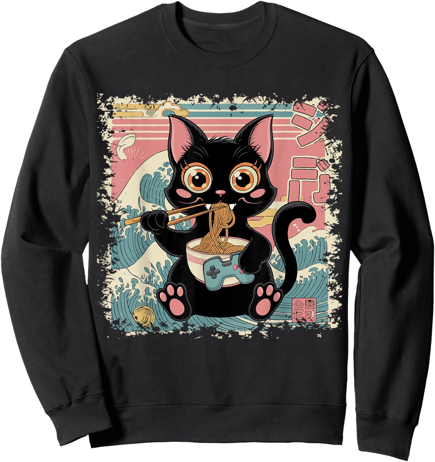 Cat Ramen Gaming Japanese Funny Graphic Kawaii Cat Anime Sweatshirt - Sweatshirt | Black