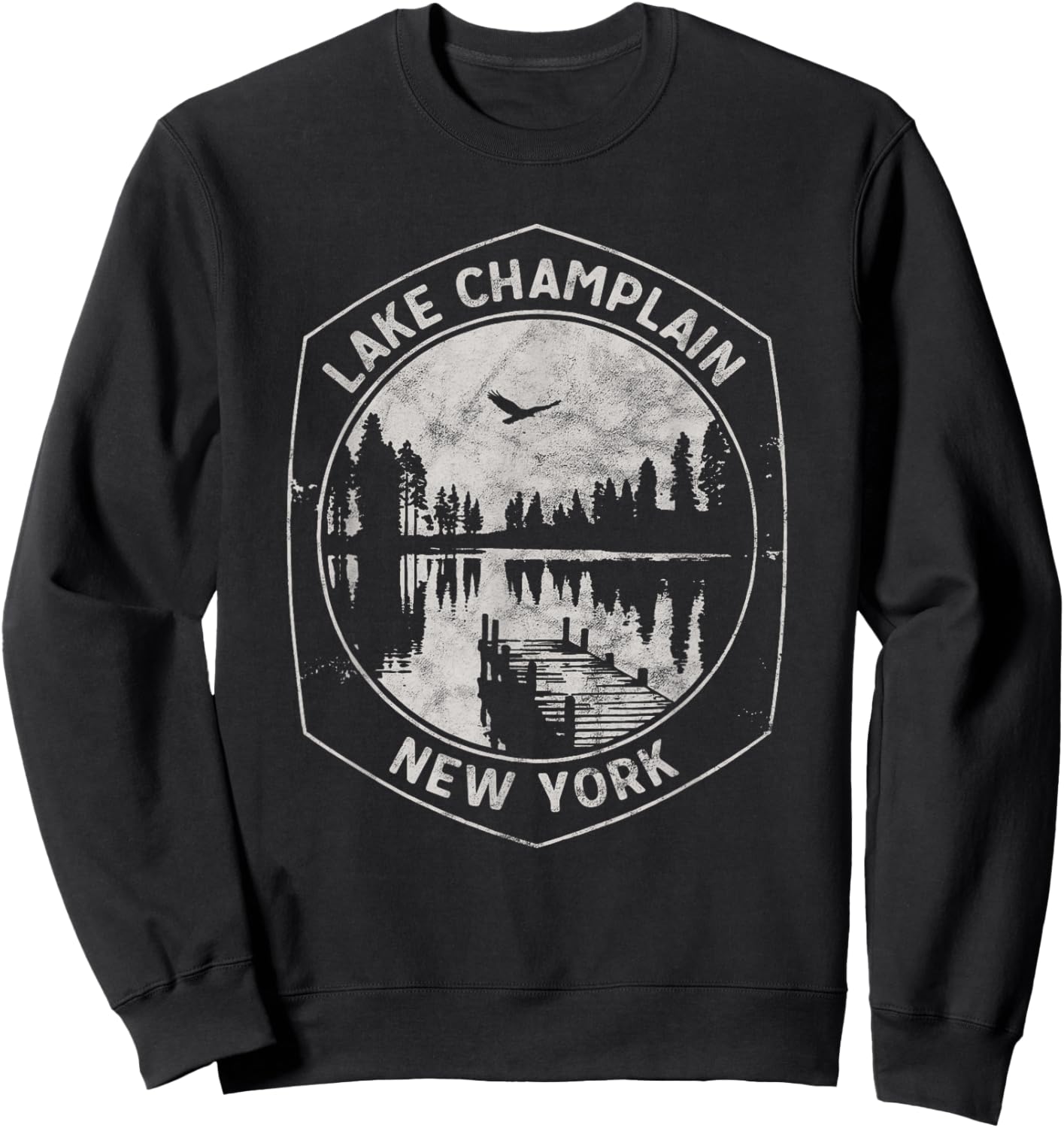 Vintage Lake Champlain New York Outdoors Vacation Sweatshirt - Sweatshirt | Black