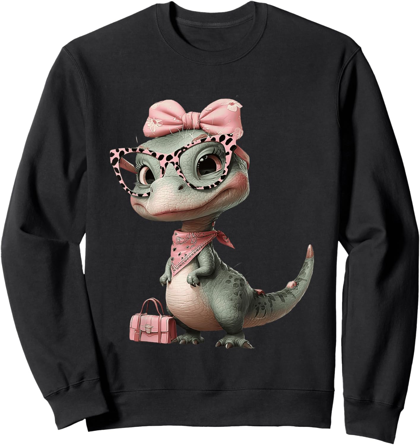 Baby T-Rex Dinosaur Pink Leopard Glasses Glam Graphic Trippy Sweatshirt - Sweatshirt | Black