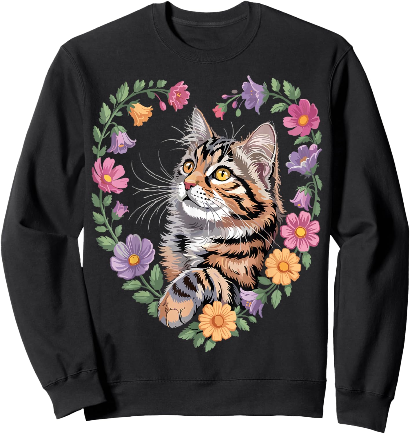 Cat Flower Cute Floral Kitten Sweatshirt - Sweatshirt | Black