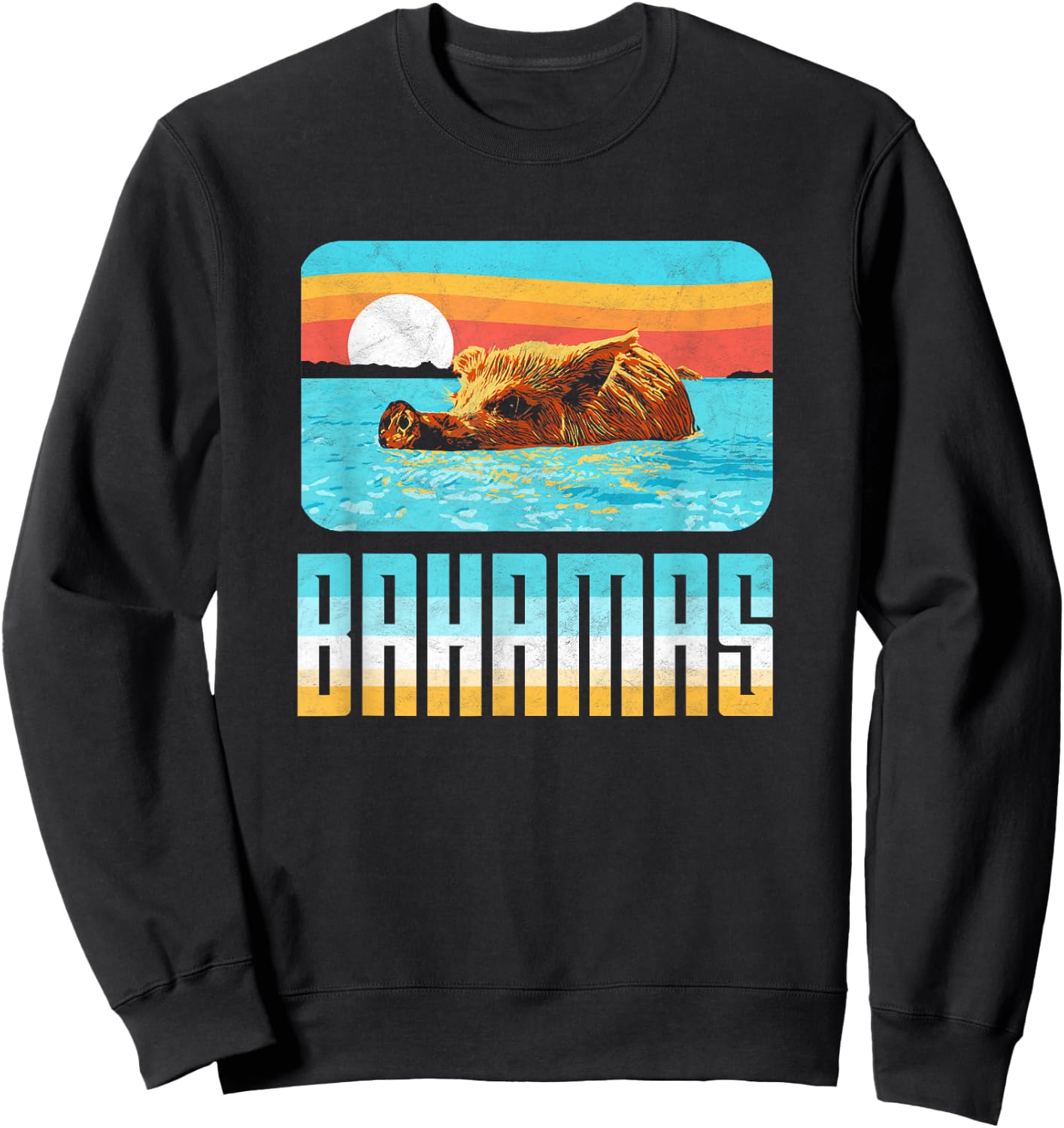 Retro Bahamas Swimming Pig Funny Vintage Feral Hog Beach Sweatshirt - Sweatshirt | Black