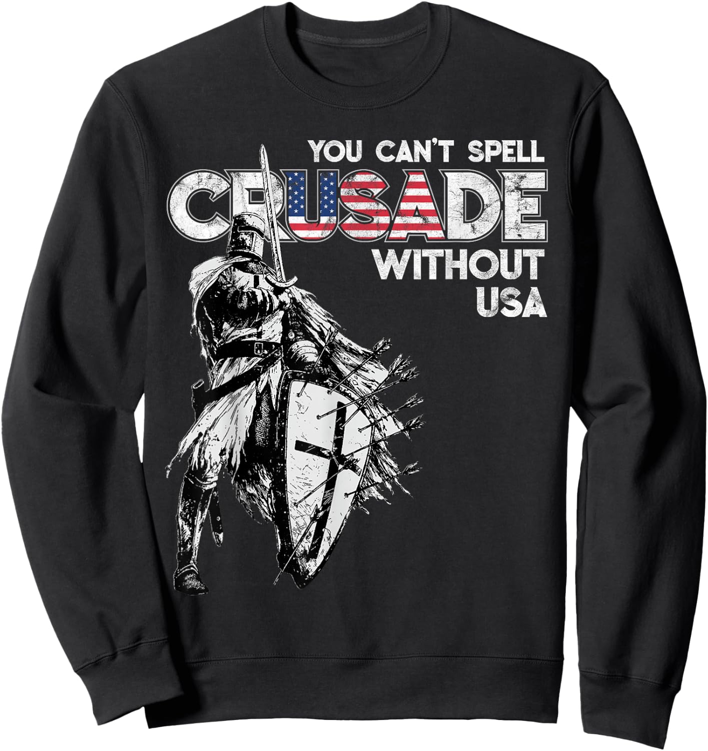 USA Crusade Design Knights Templar American Flag, Distressed Sweatshirt - Sweatshirt | Black