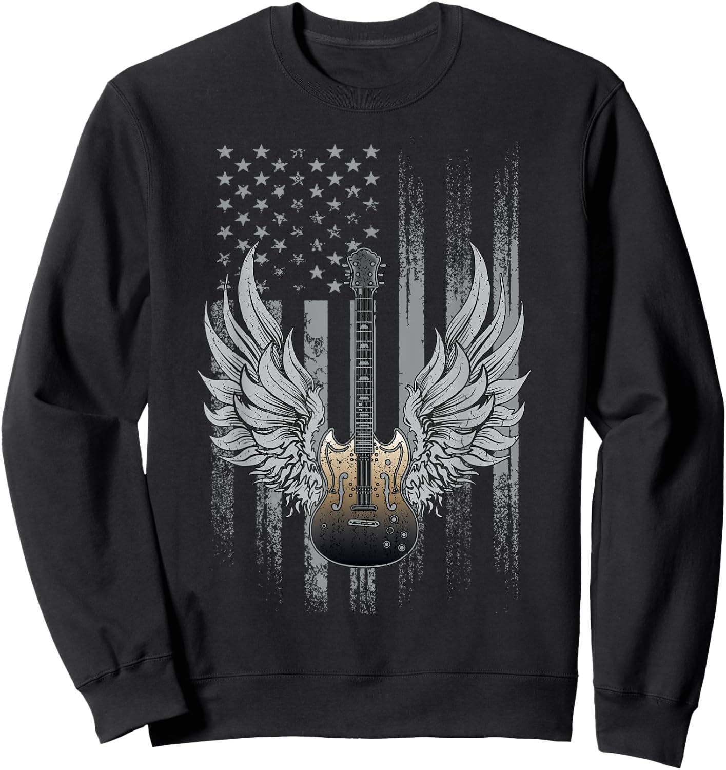 Dibble Dabble Designs Guitar Patriotic Guitar Flag Band Cool Rock and Roll Guitar Sweatshirt - Sweatshirt | Black