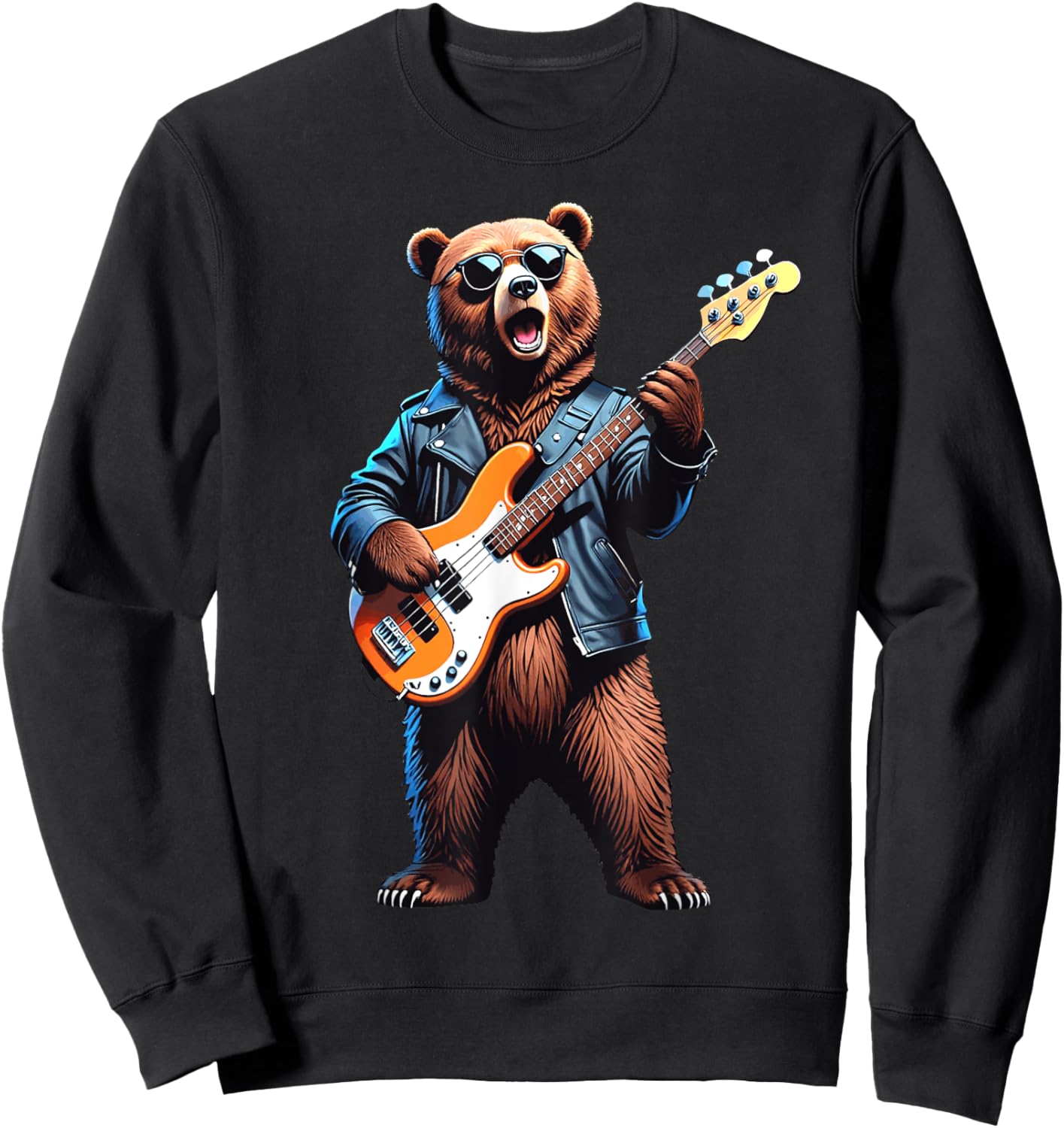 Retro Bear Playing Bass Guitar Bassist Guitarist Music Lover Sweatshirt - Sweatshirt | Black