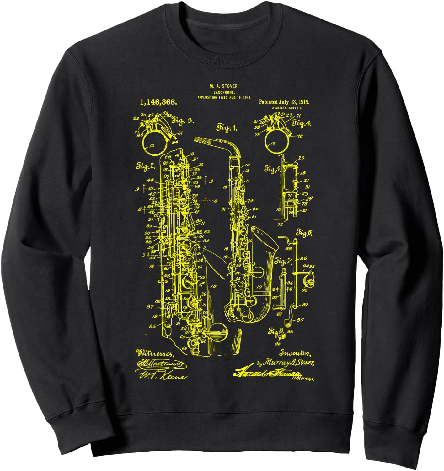 Saxophone Old Vintage Patent Drawing Print Saxophone Sweatshirt - Sweatshirt | Black