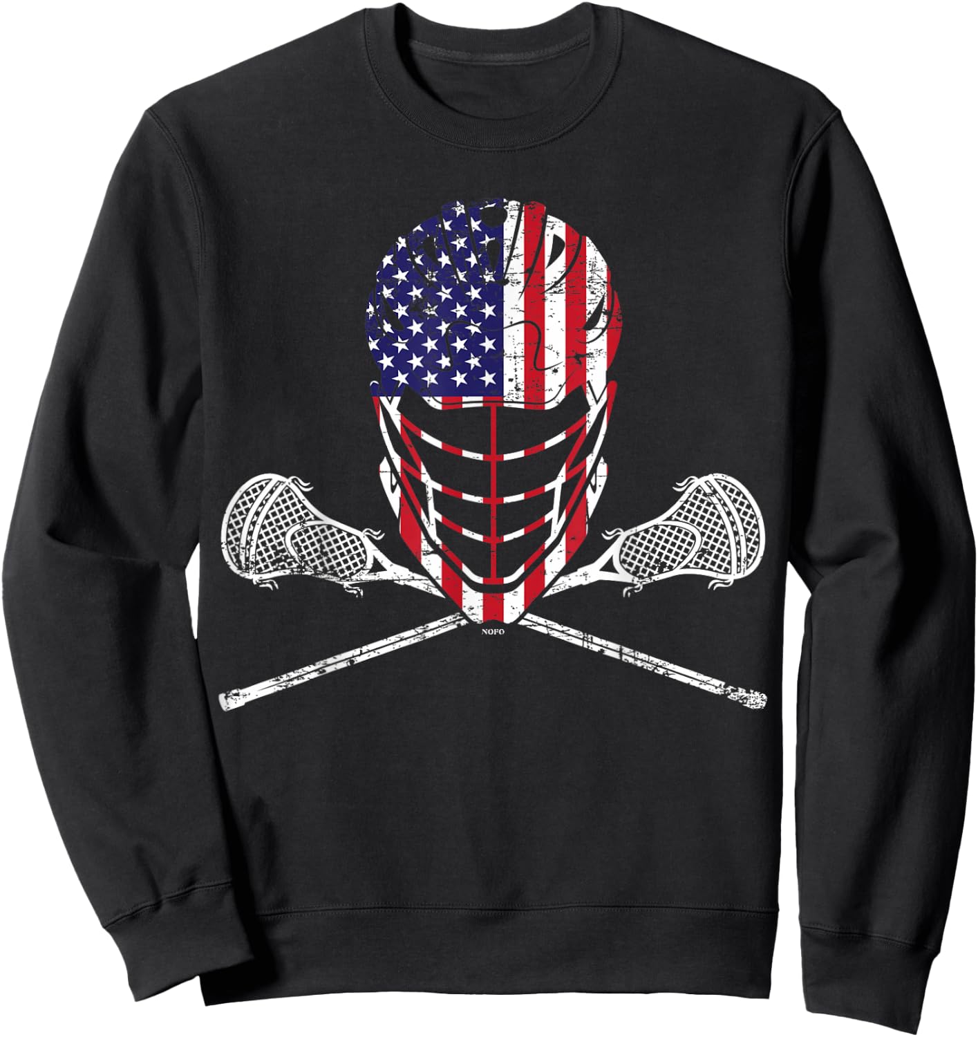 Lacrosse Helmet and Sticks, American Flag Lax Helmet Sweatshirt - Sweatshirt | Black