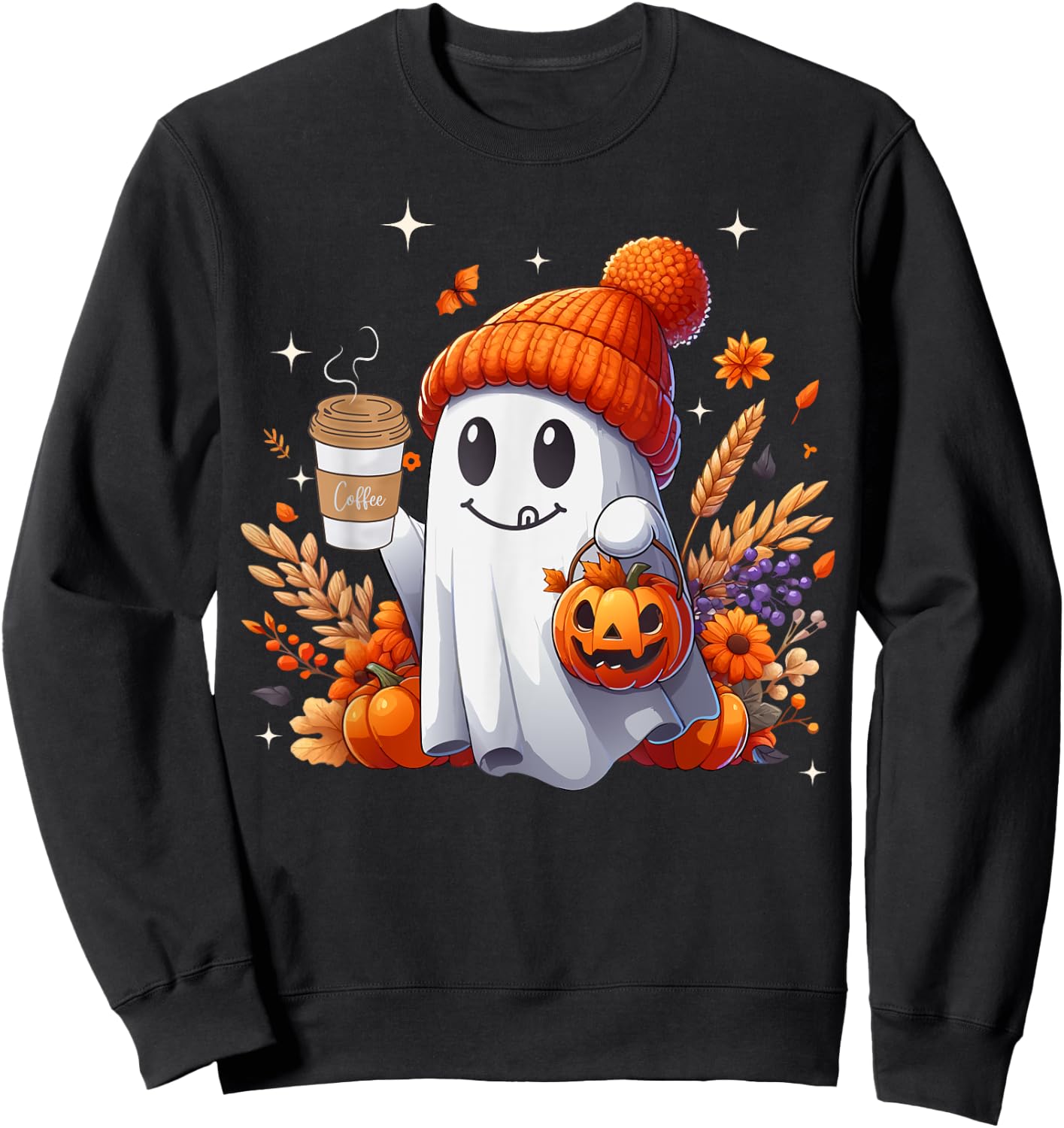 Men Women Autumn Cute Ghost Drinking Coffee Spooky Halloween Sweatshirt - Sweatshirt | Black