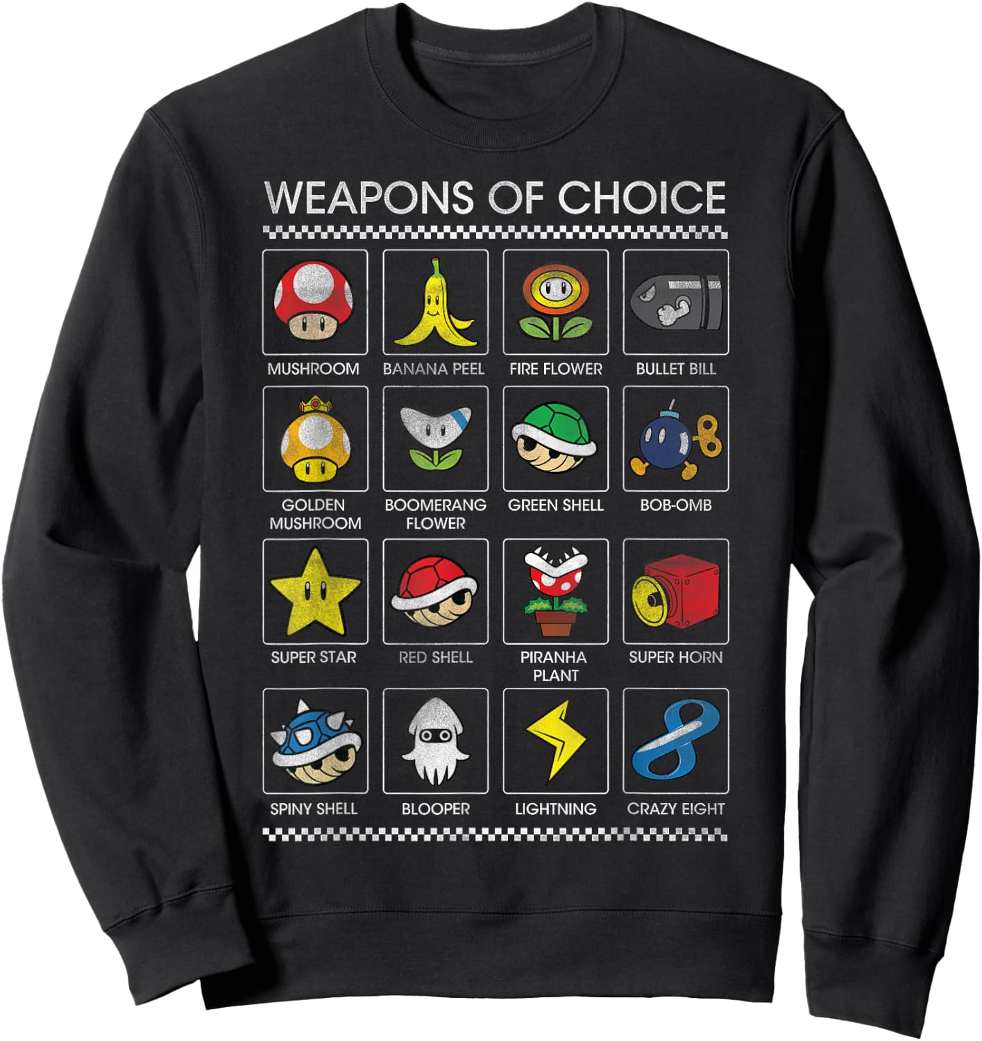 Mario Kart Black : Classic Fit, Short Sleeve, Polyester - Weapons of Choice Poster Design Sweatshirt - Sweatshirt | Black