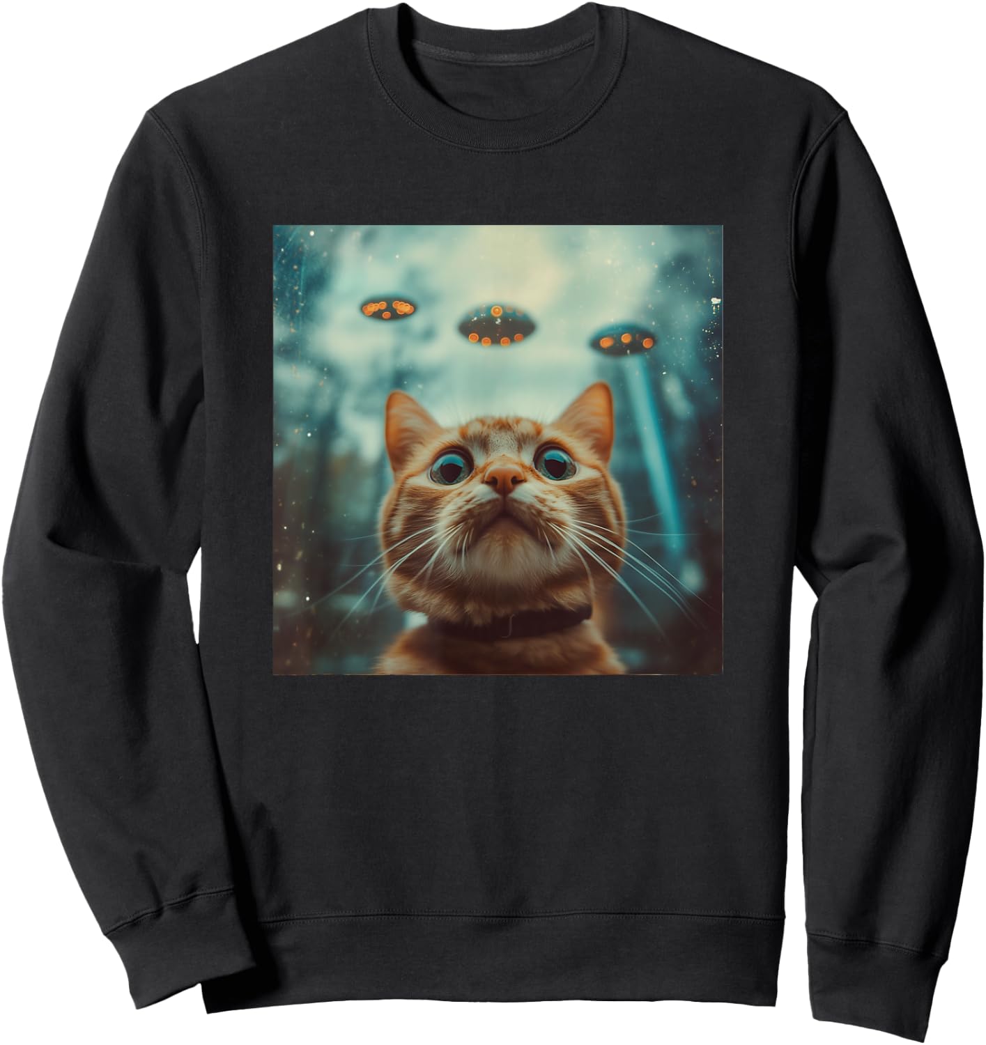 Cat Selfie with UFOs Weird Print Graphic Space Funny Sweatshirt - Sweatshirt | Black