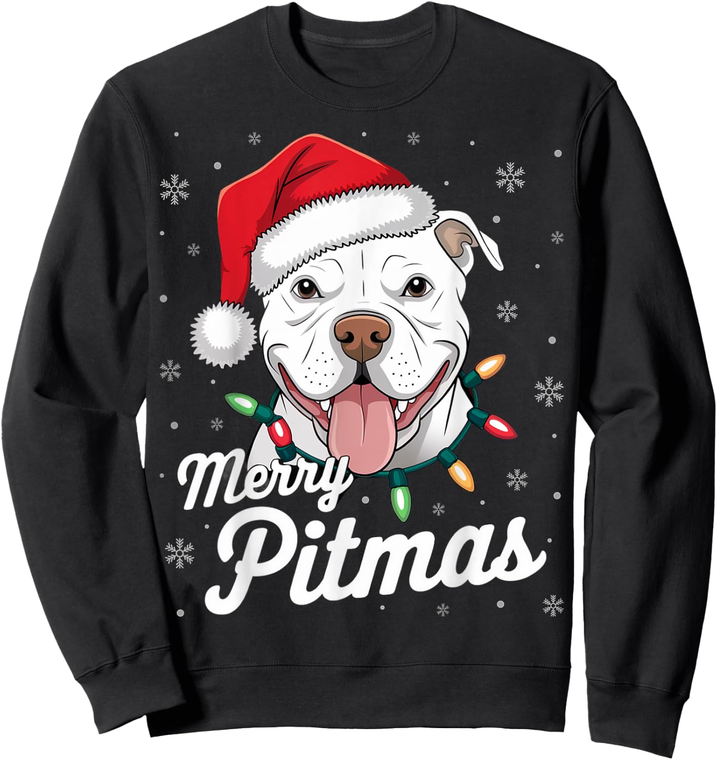 Merry Pitmas Pitbull Dog Xmas Lights Santa Hat Christmas Women Sweatshirt - Sweatshirt | Black