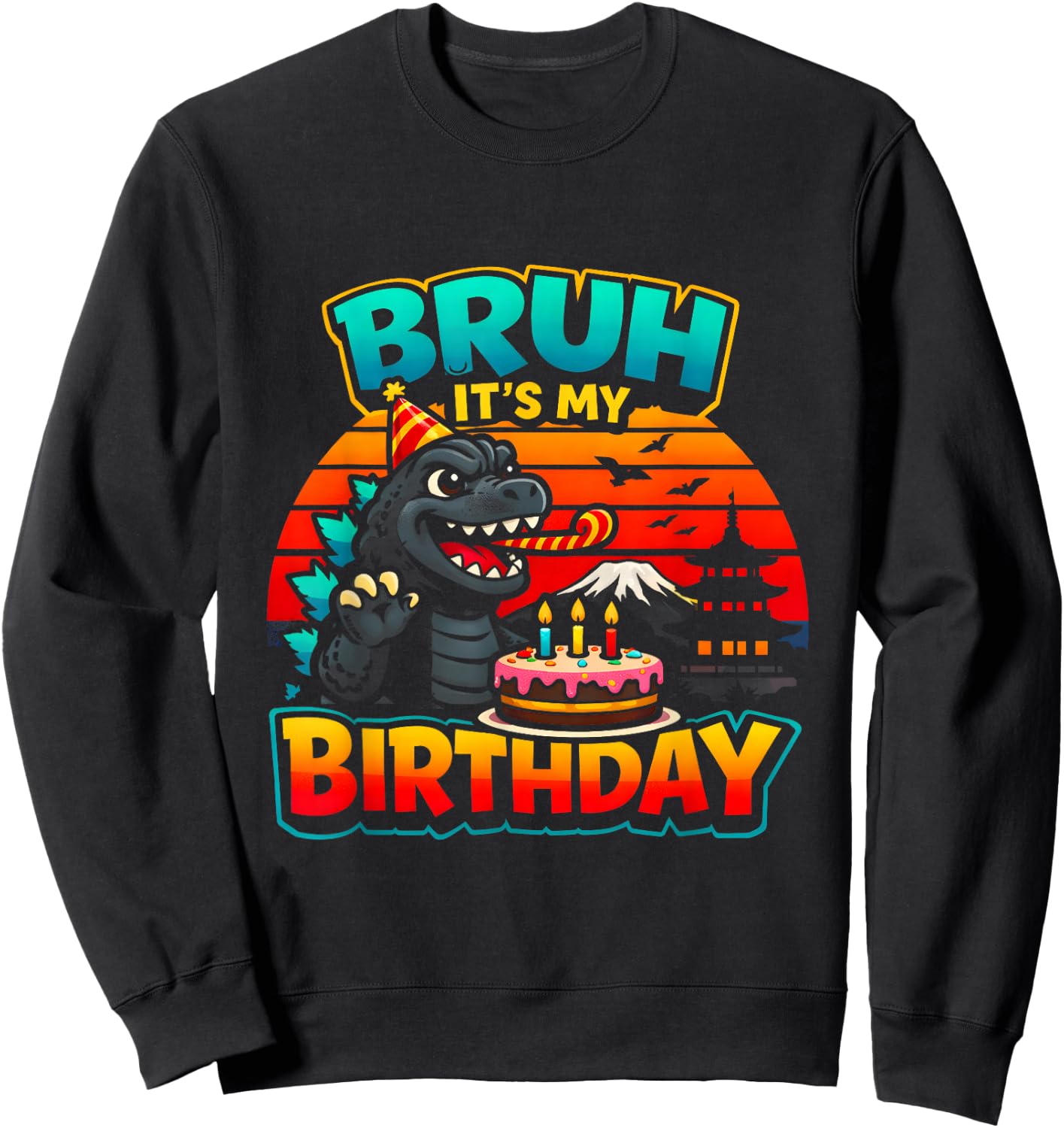 Funny Dinosaur It’s My Birthday Retro Sunset Giant Monster Sweatshirt - Sweatshirt | Black
