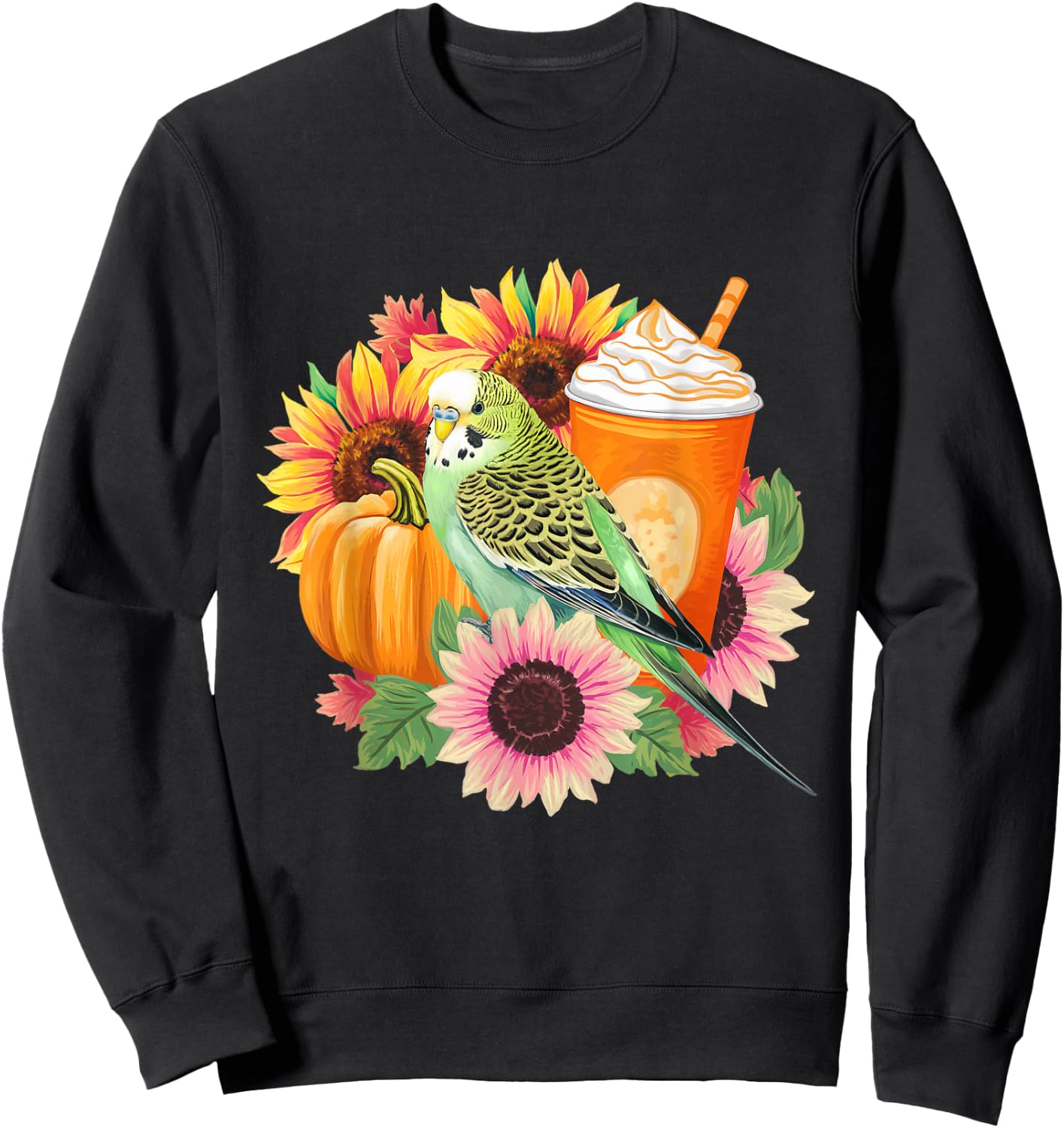 Budgies Autumn Love Pumpkin Latte and Flowers Sweatshirt - Sweatshirt | Black