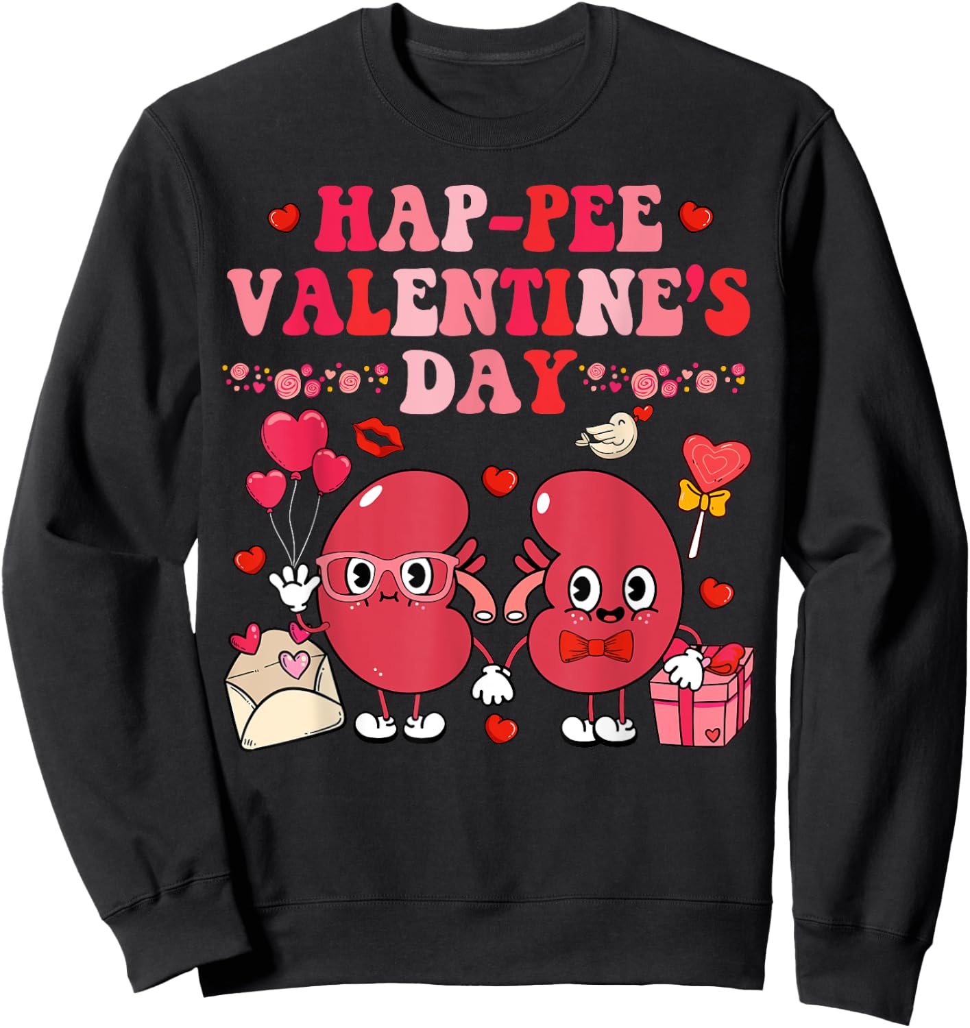 Groovy Happy Valentine's Day Kidney Urology Black Retro Valentine's Day -Adults Nurse Sweatshirt - Sweatshirt | Black