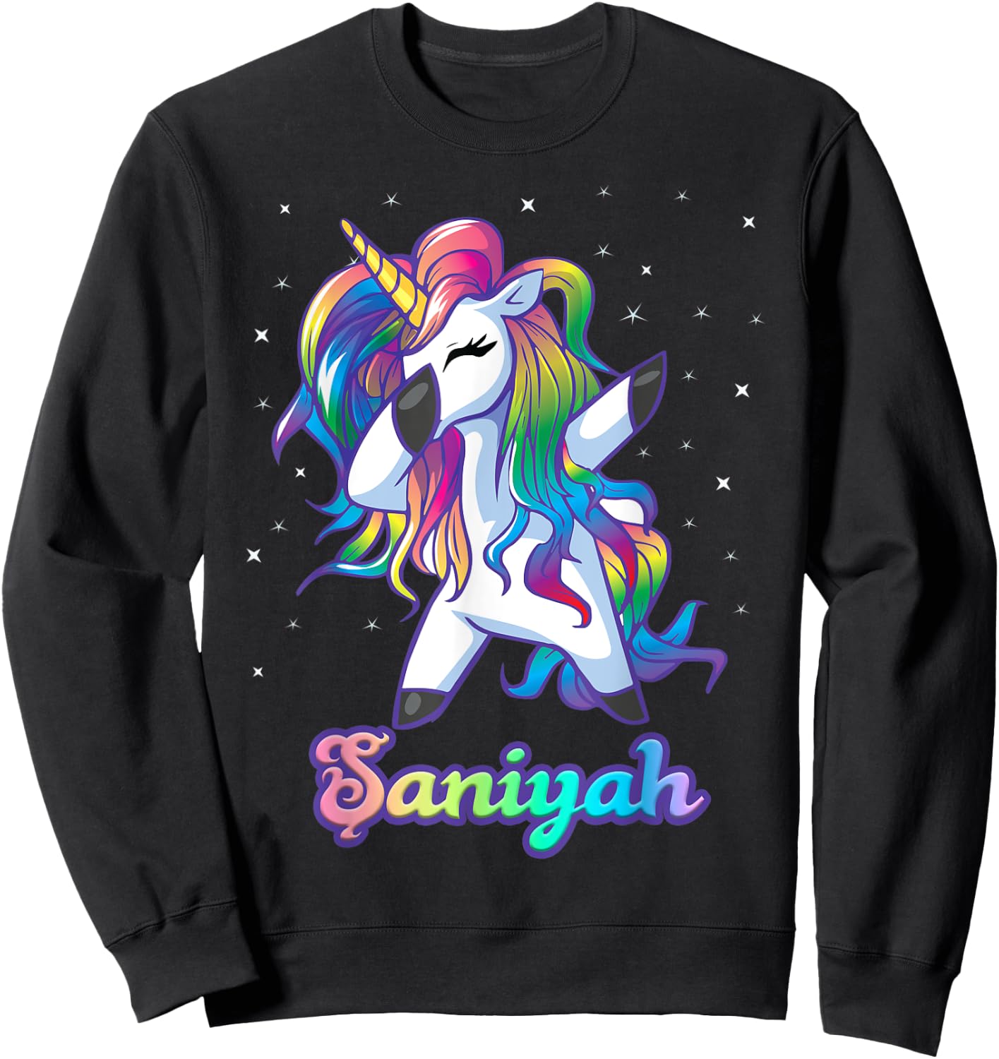 SANIYAH Name Personalized Custom Rainbow Unicorn Dabbing Sweatshirt - Sweatshirt | Black