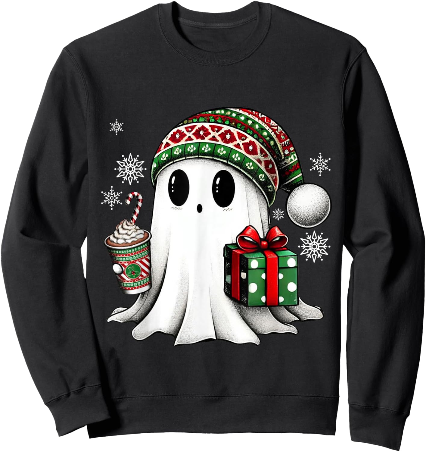 Christmas Cute Ghost Drink Coffee Funny Christmas Ghost Sweatshirt - Sweatshirt | Black