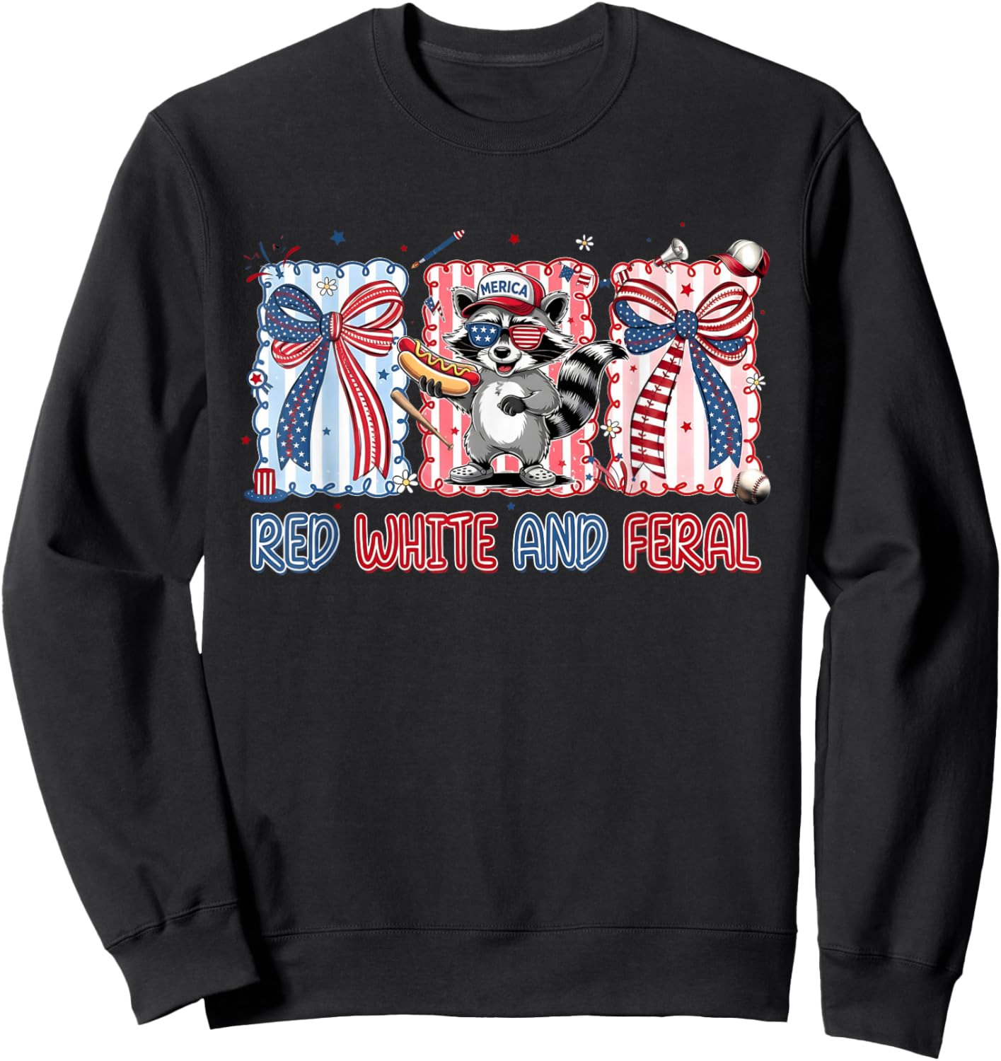 Red White and Feral Patriotic Raccoon Coquette Bow Baseball Sweatshirt - Sweatshirt | Black