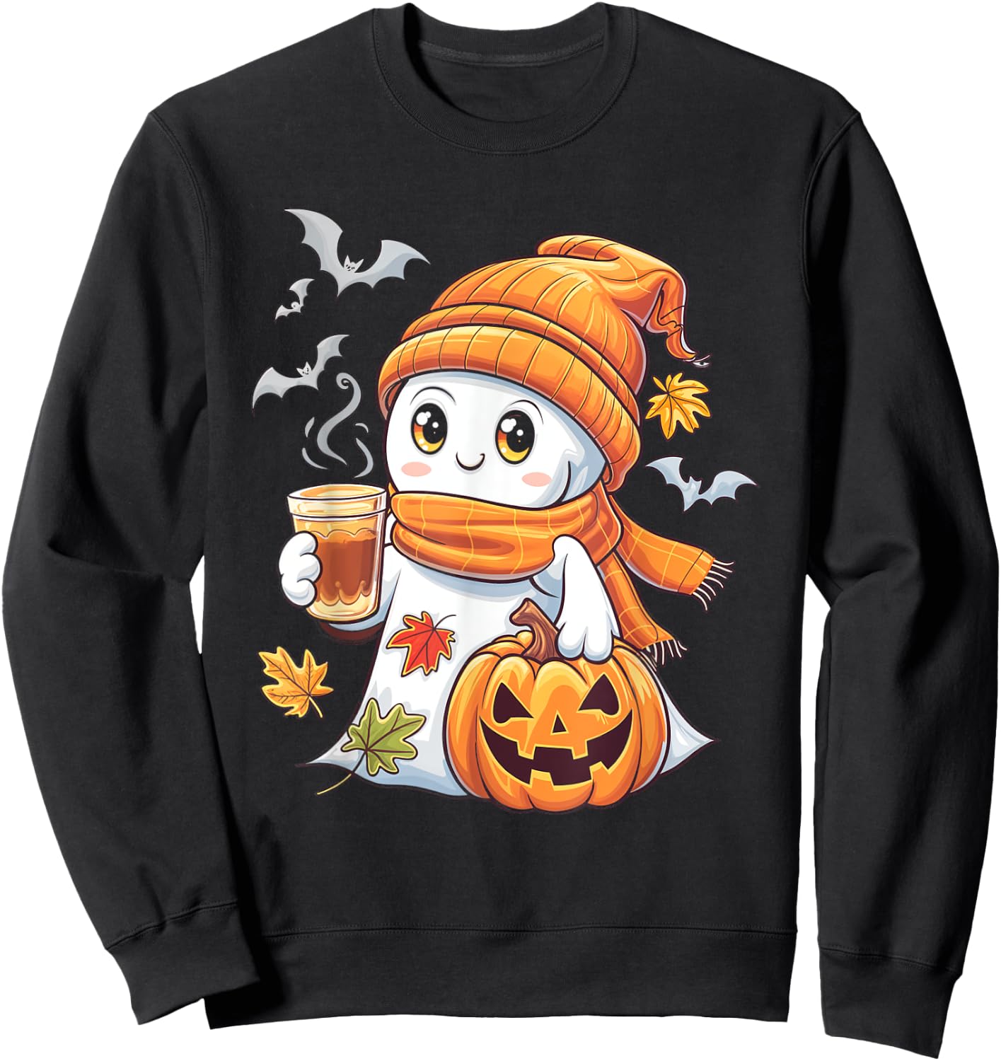 Cute Ghost Pumpkin Coffee Halloween Fall Ghost Sweatshirt - Sweatshirt | Black