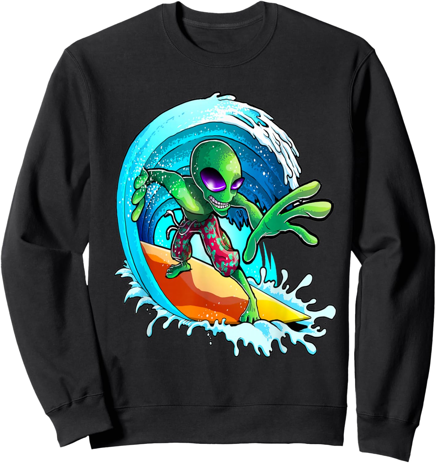 Surfer Alien Funny Summer Surfing Women's and Men's Sweatshirt - Sweatshirt | Black