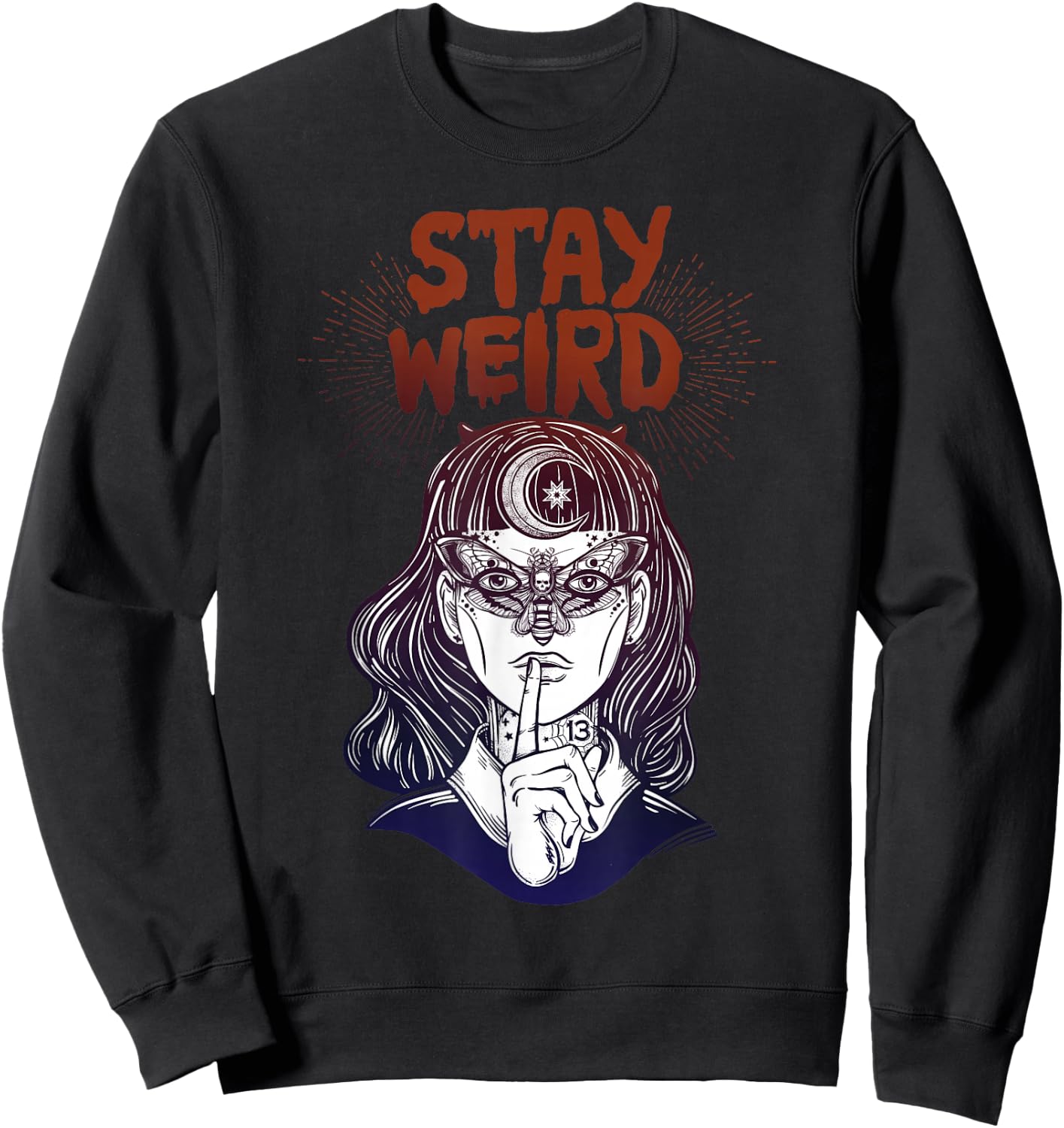 Hand Drawn Witch Girl with Butterfly Stay Weird Sweatshirt - Sweatshirt | Black