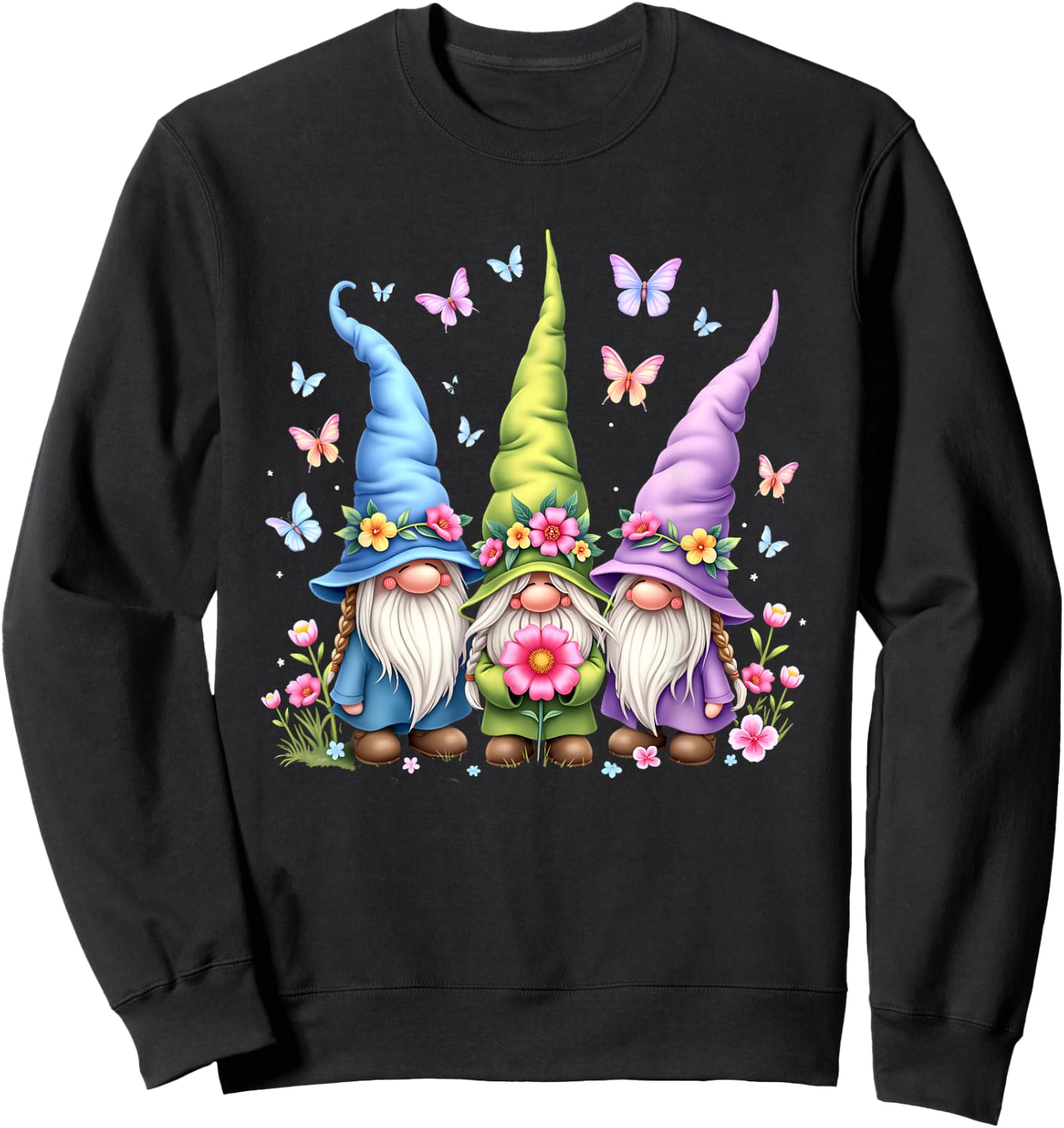 Whimsical Gnome Trio with Flowers and Butterflies Sweatshirt - Sweatshirt | Black