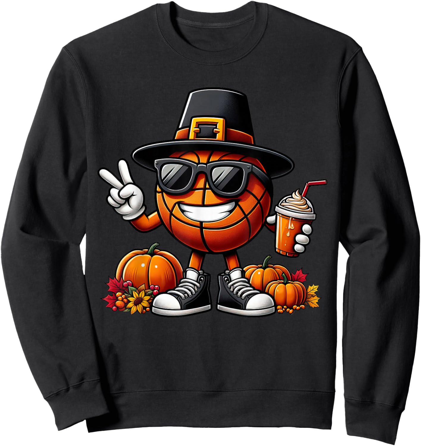 Autumn Pumpkin Fall Basketball Thanksgiving Kids Sweatshirt - Sweatshirt | Black