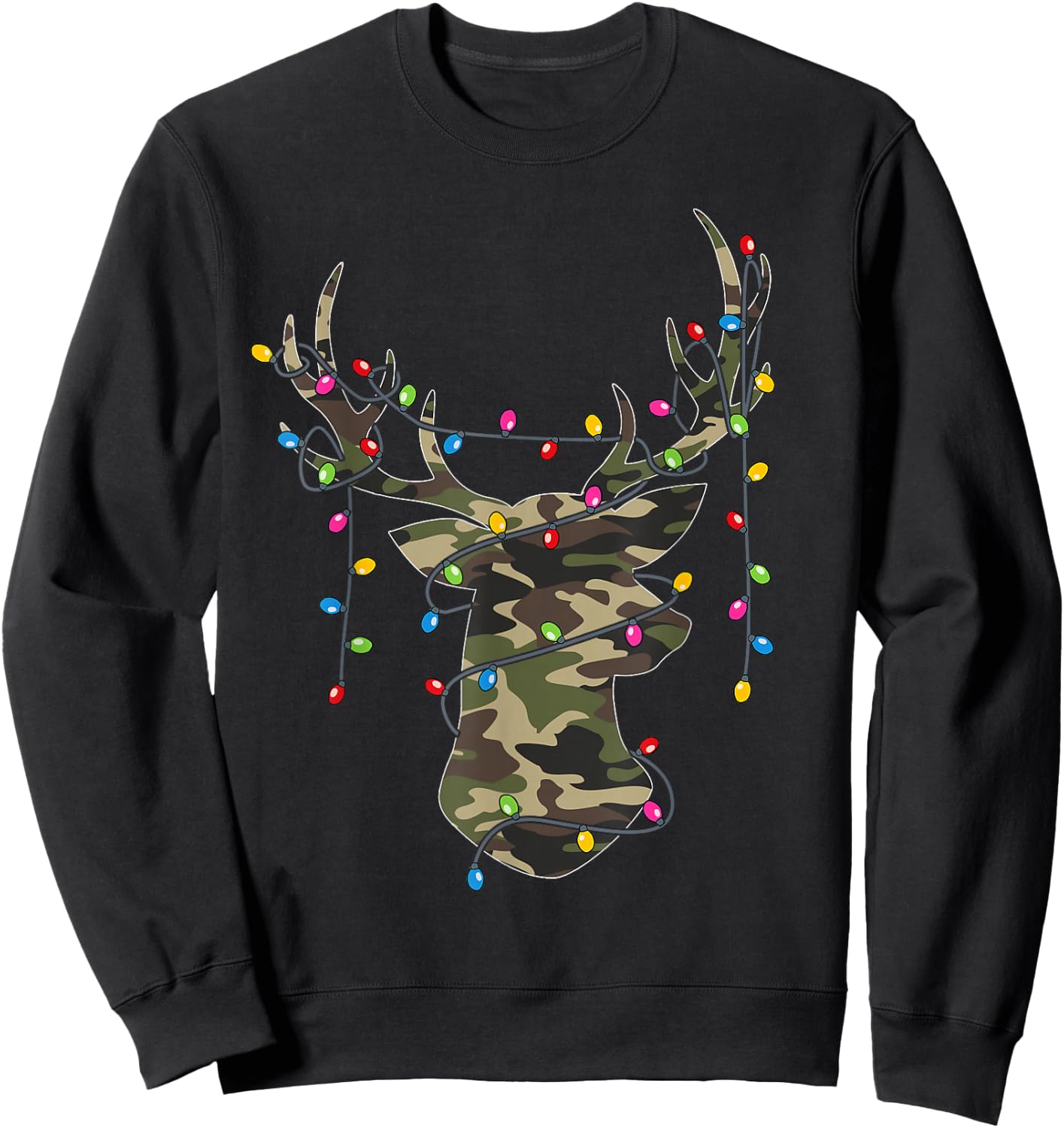 Christmas Holiday Camo Hunting Reindeer Deer Xmas Lights Sweatshirt - Sweatshirt | Black