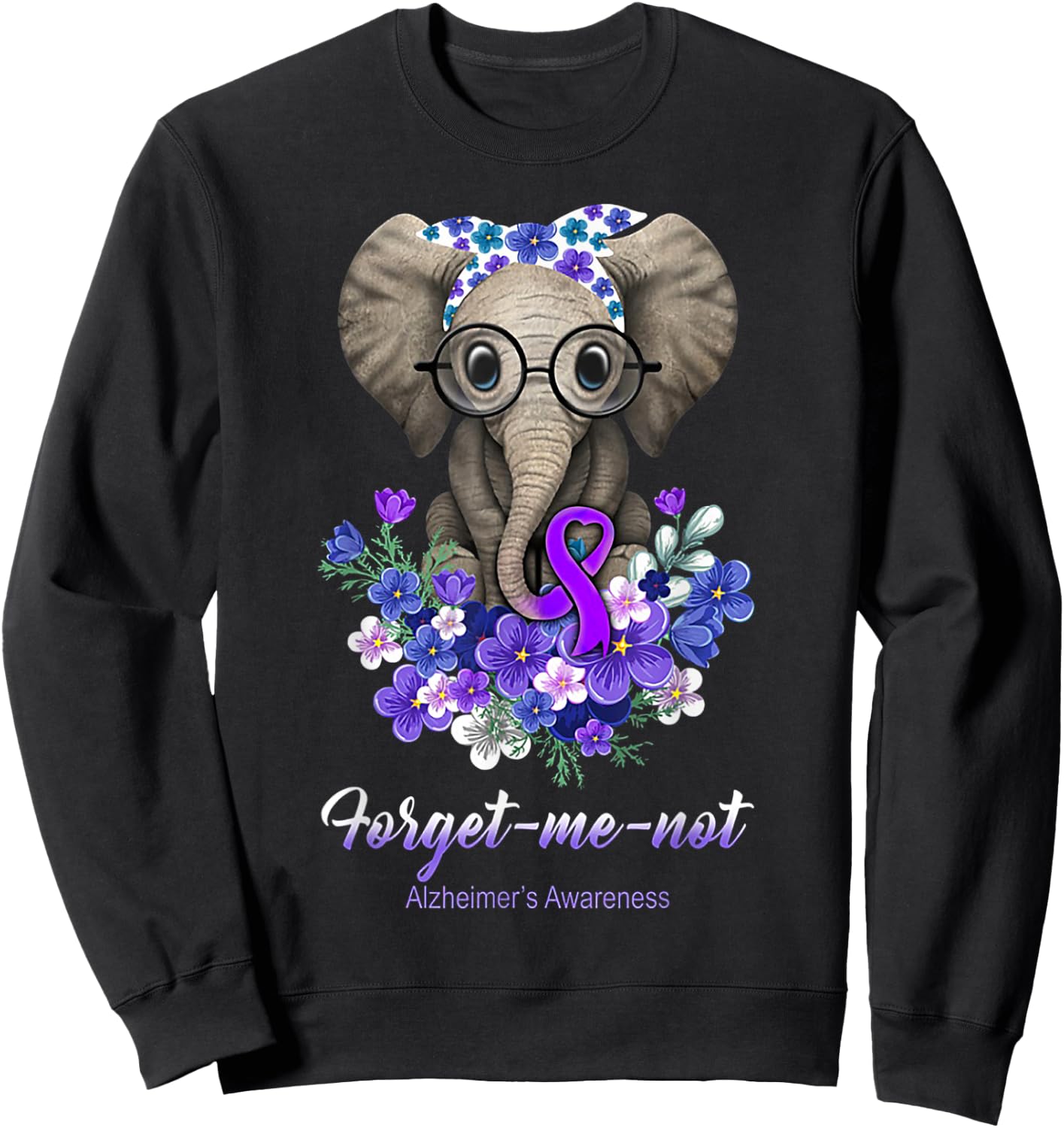 Forget me not Alzheimer's Awareness Elephant Flower Sweatshirt - Sweatshirt | Black
