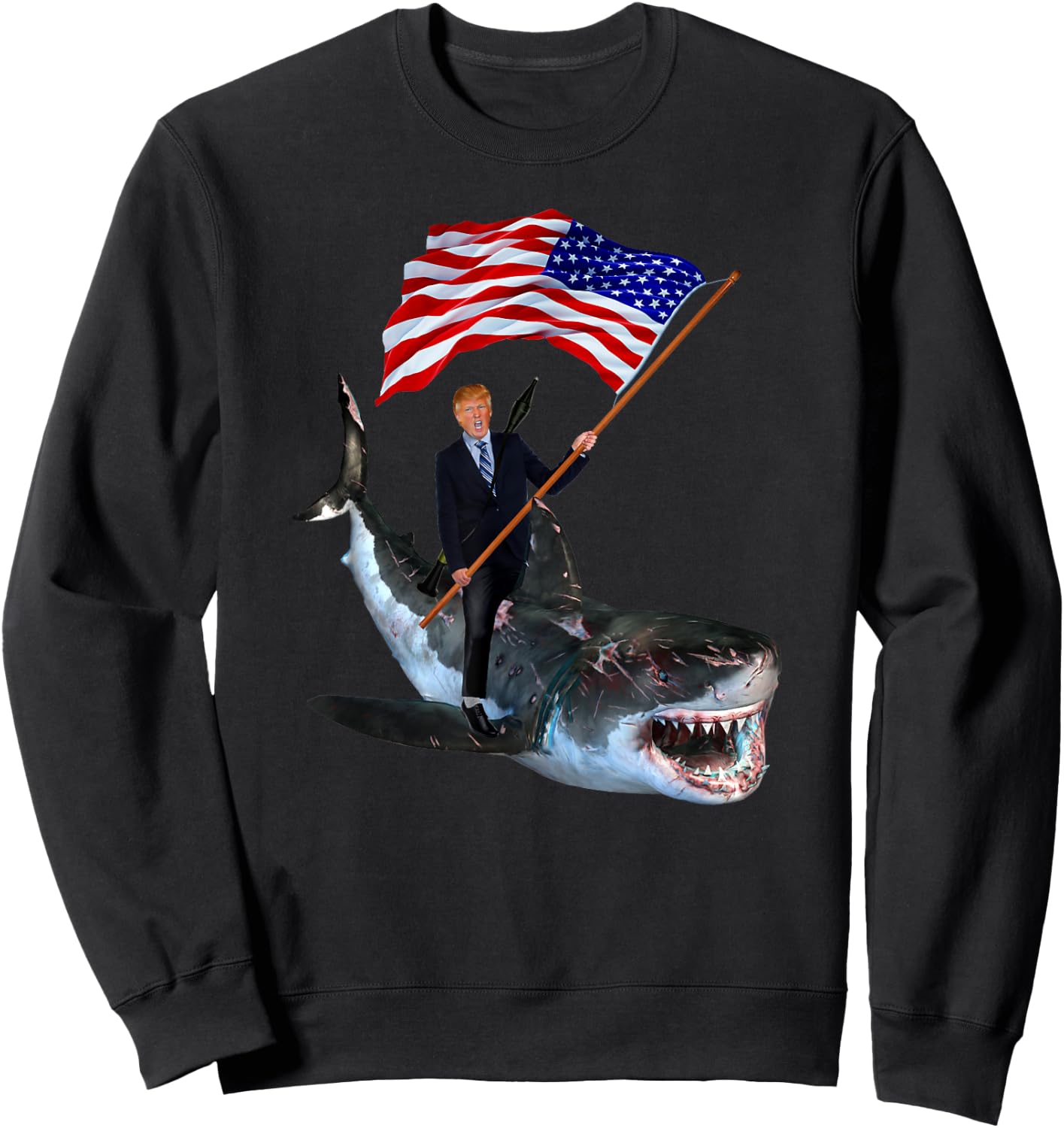 Epic Trump Riding Shark With USA Flag Shirt Sweatshirt - Sweatshirt | Black