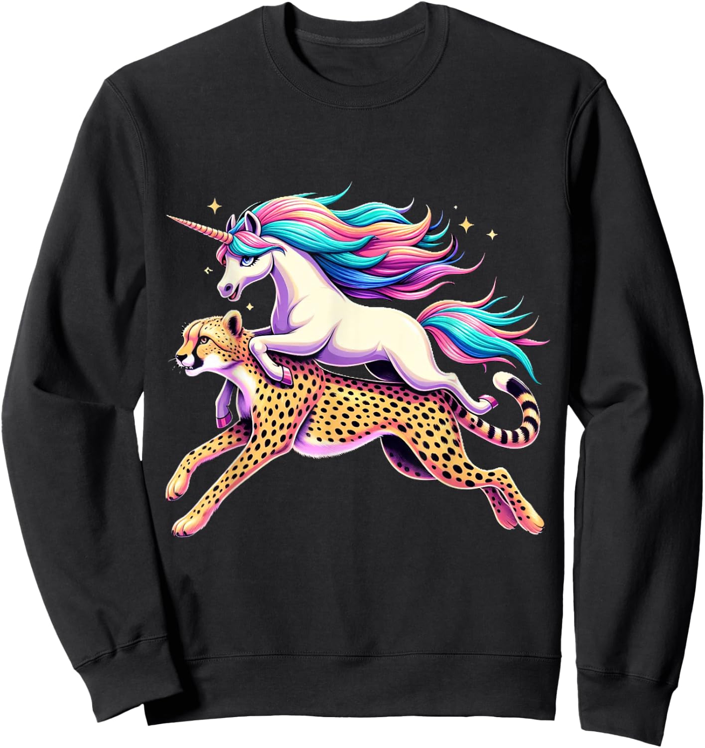 Unicorn Riding Cheetah Boys Girls Men Women Kids Rainbow Sweatshirt - Sweatshirt | Black