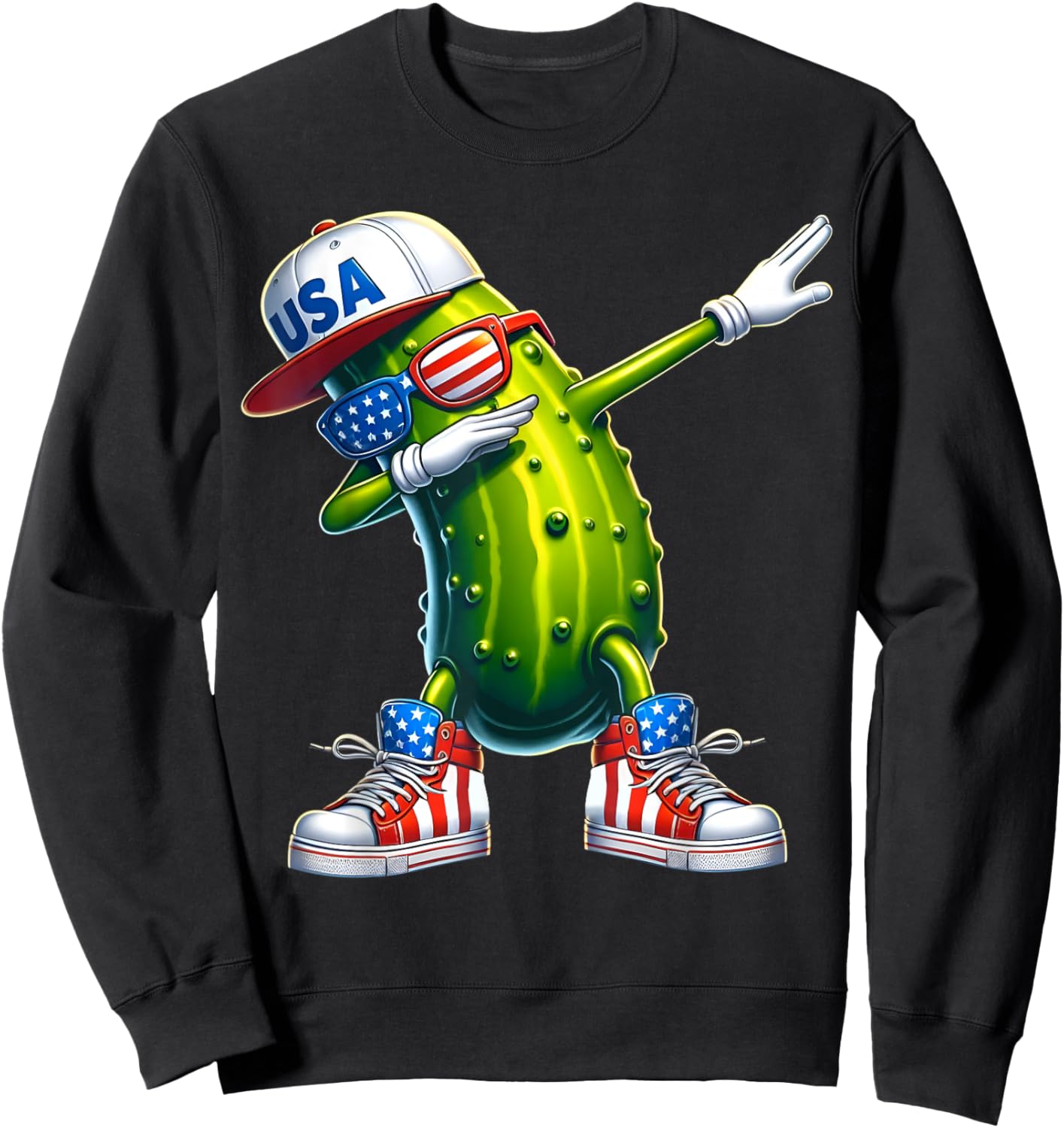 Funny Patriotic Pickle Dabbing Cucumber American 4th of July Sweatshirt - Sweatshirt | Black