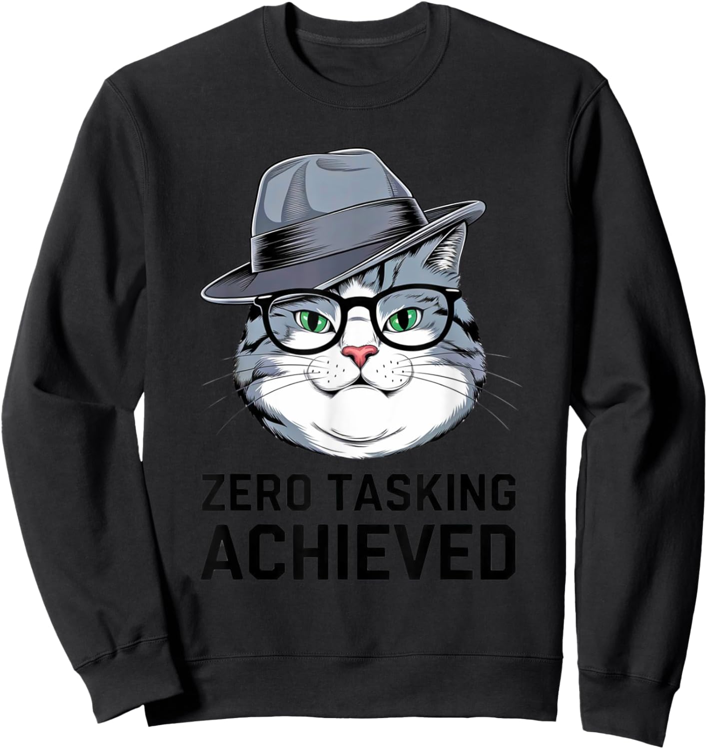 Zero Tasking Achieved Stylish Cartoon Cat Sweatshirt - Sweatshirt | Black