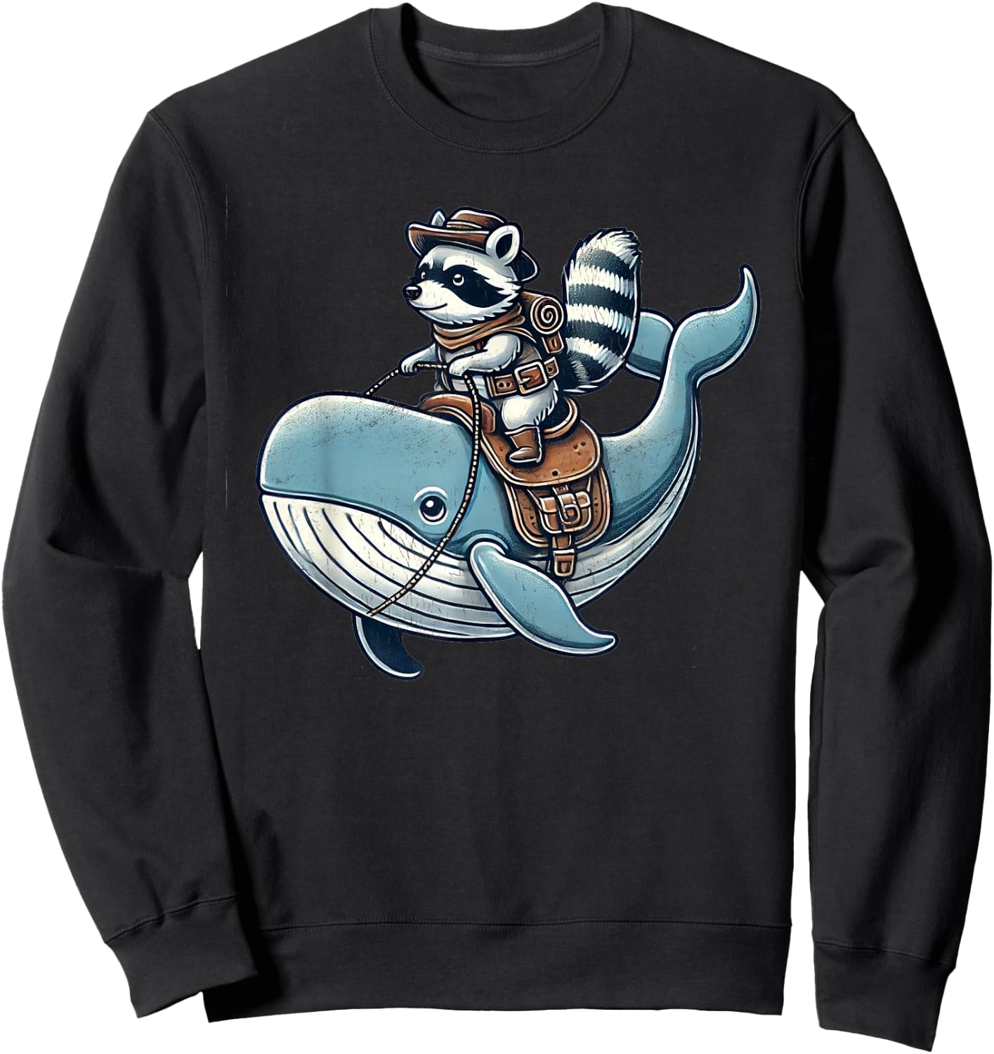 Vintage Raccoon Whale Rider Funny Raccoon Riding Whale Kids Sweatshirt - Sweatshirt | Black