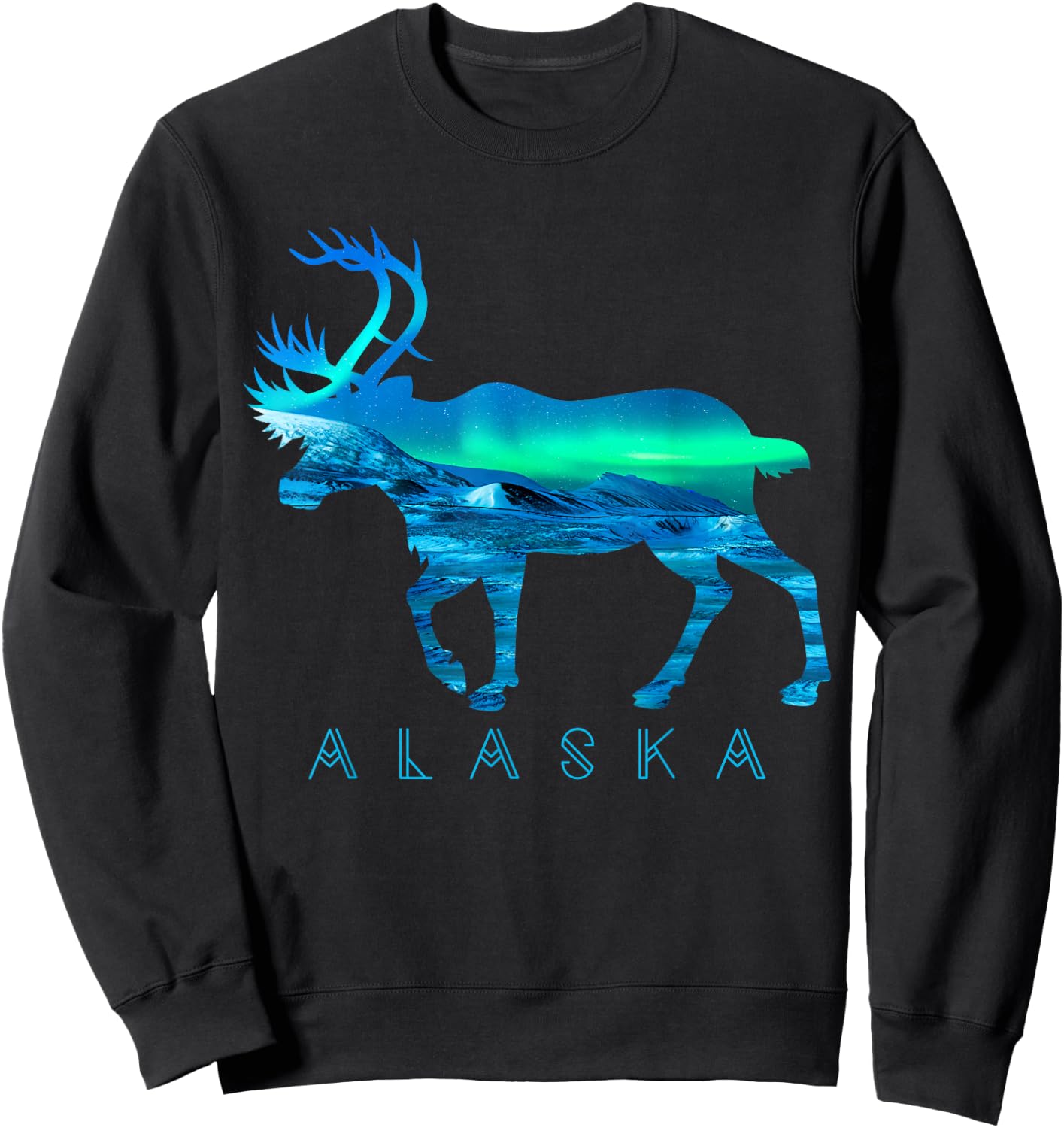 Alaskan Caribou with Aurora Borealis Scene Reindeer Tourist Sweatshirt - Sweatshirt | Black