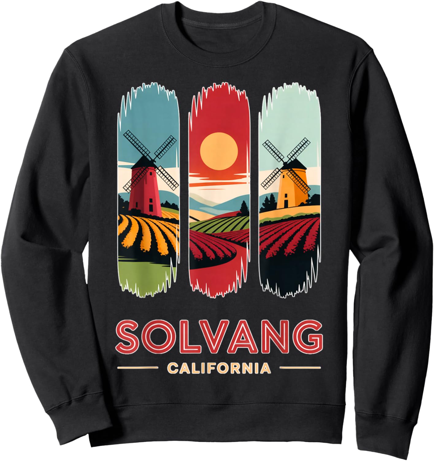 Solvang California Windmills Vintage Travel Landscape Art Sweatshirt - Sweatshirt | Black