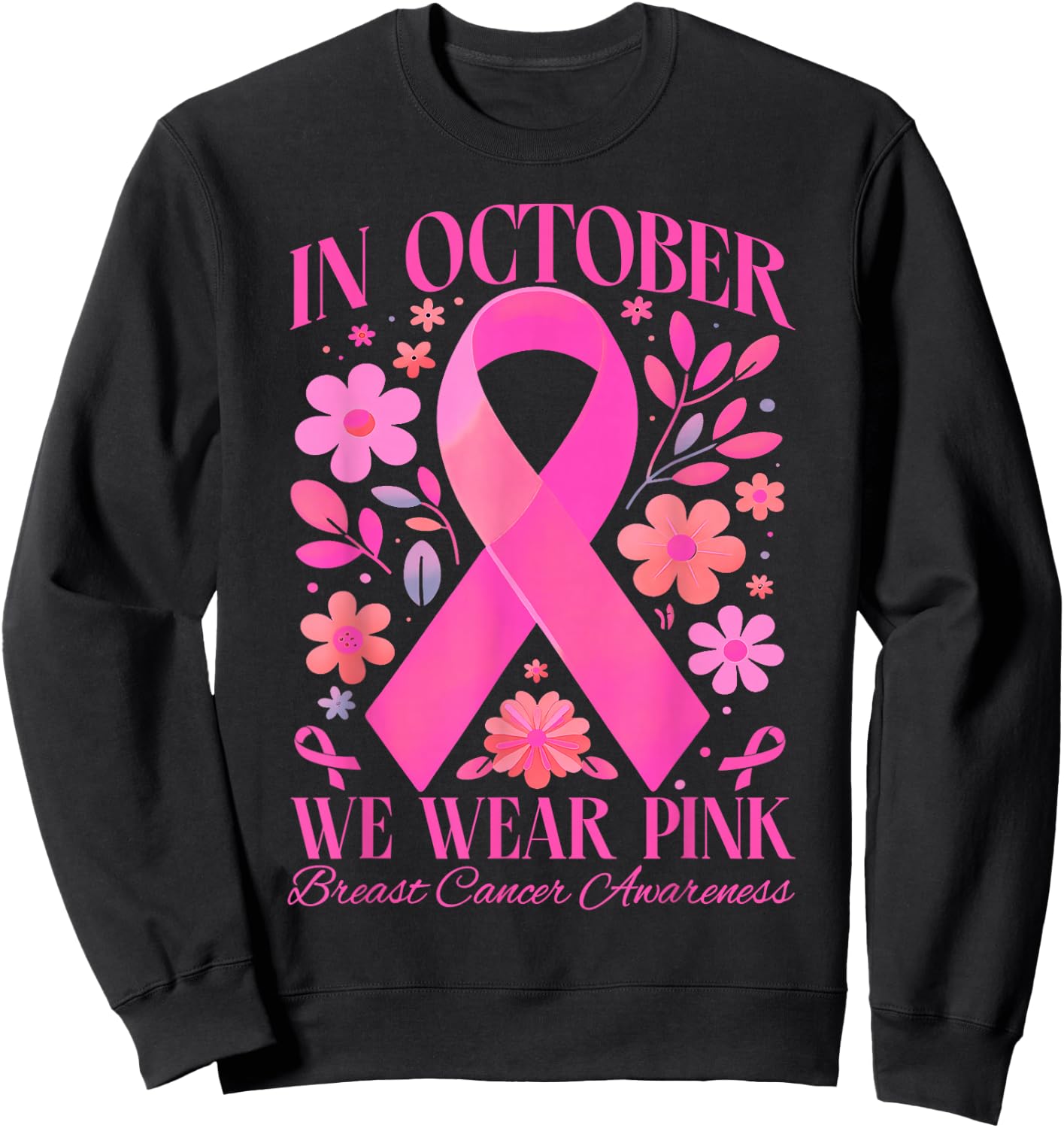 In October We Wear Pink Retro Groovy Breast Cancer Awareness Sweatshirt - Sweatshirt | Black
