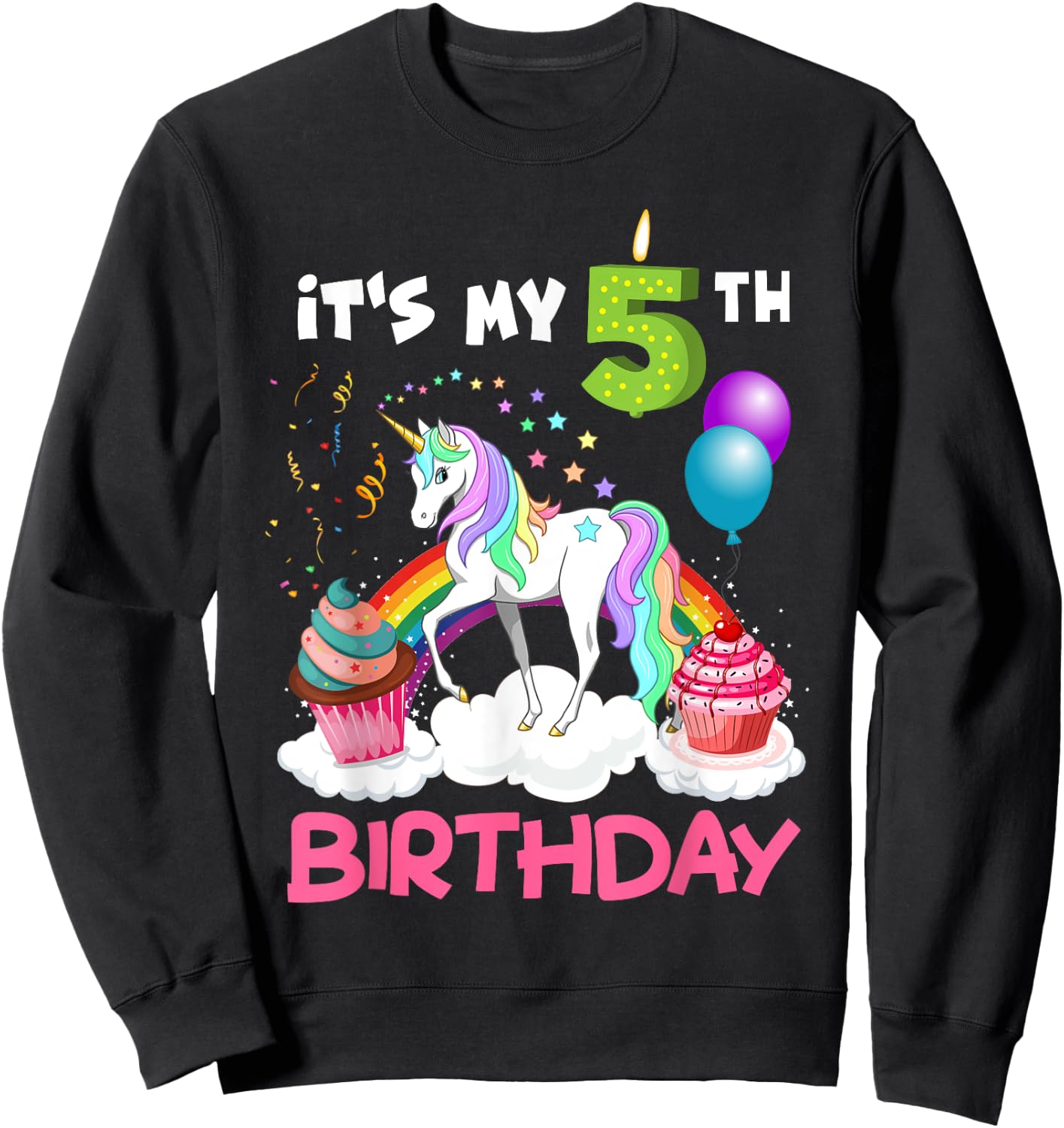 Cute It's My Fifth Birthday Unicorn Five Year Old Girl's Sweatshirt - Sweatshirt | Black