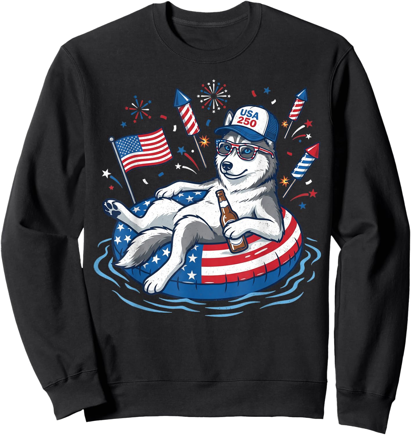 Patriotic Siberian Husky Beer Floatie USA Flag 4th of July Sweatshirt - Sweatshirt | Black