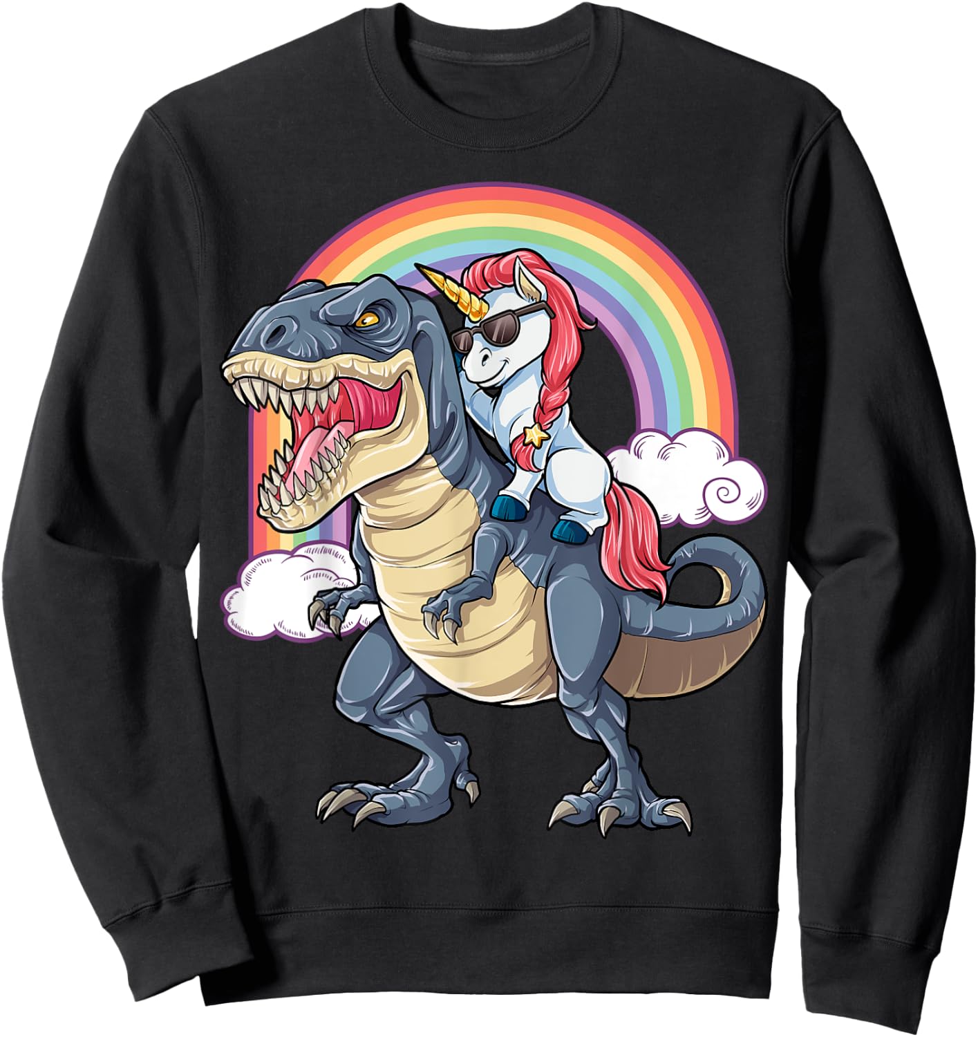 Unicorn Riding Dinosaur T rex Shirt Boys Girls Kids Rainbow Sweatshirt - Sweatshirt | Black