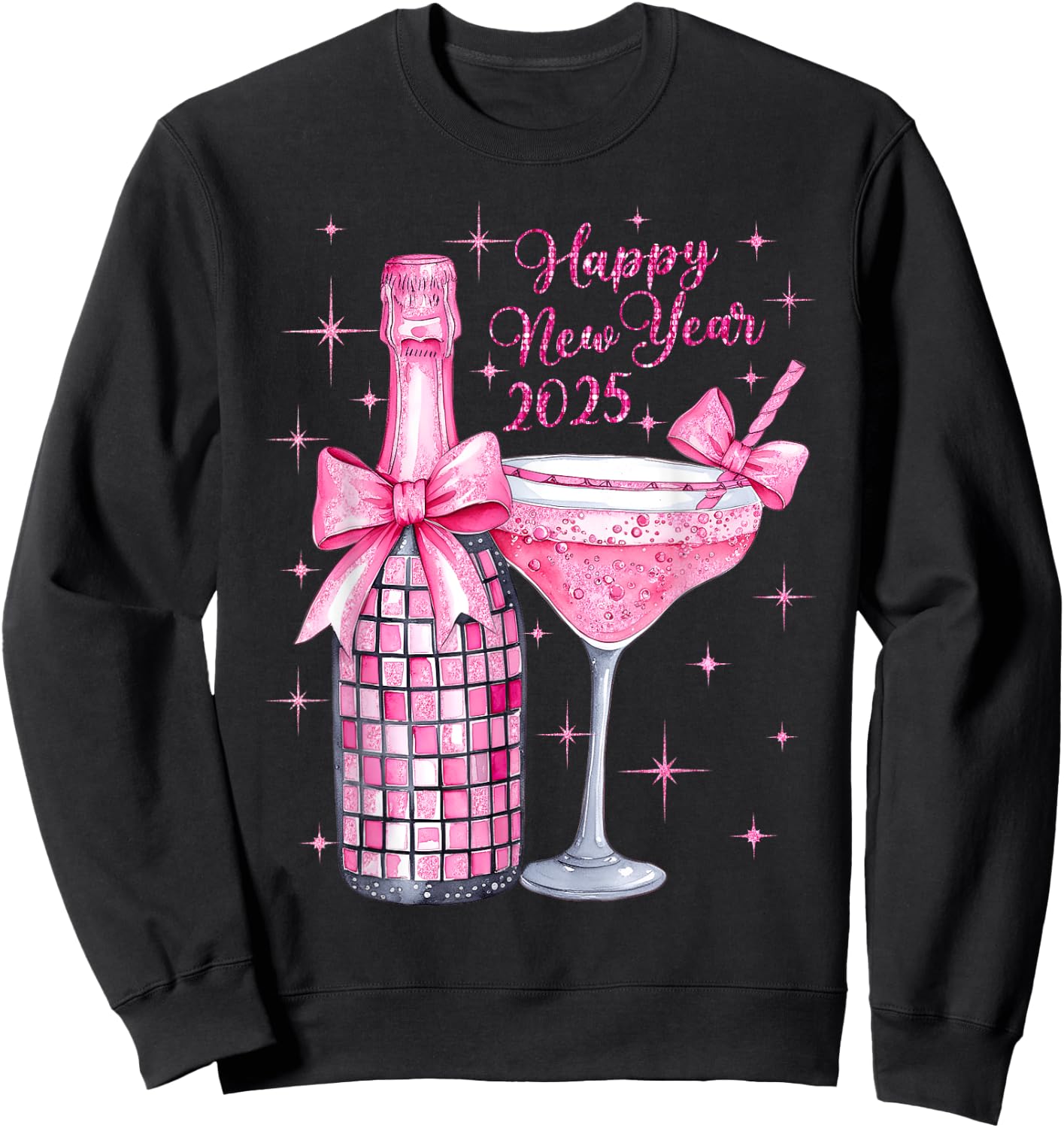 Pink Champagne Wine Bottle Disco Balls New Years 2025 Sweatshirt - Sweatshirt | Black