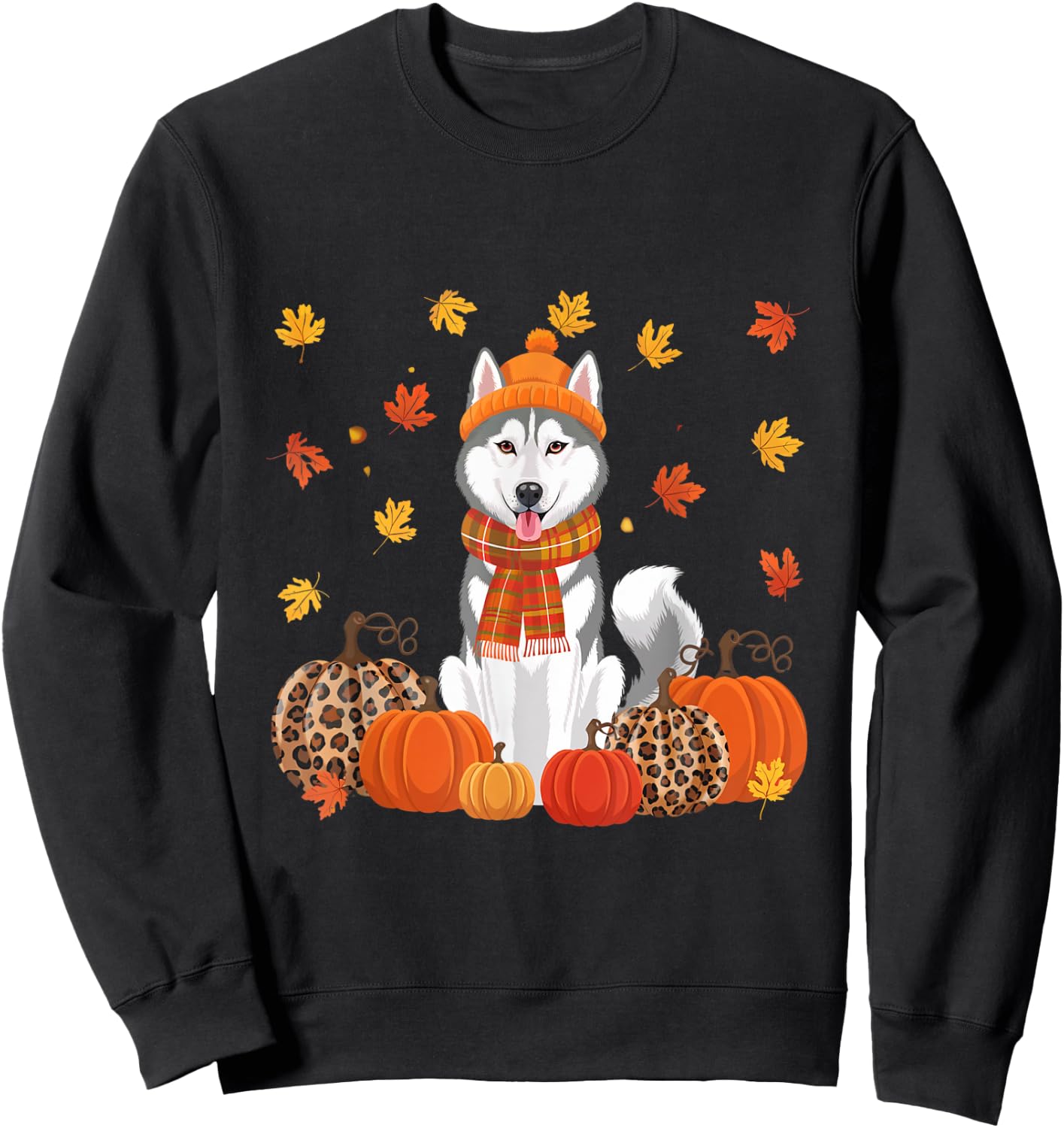 Fall Husky Pumpkins Leaves Autumn Halloween Thanksgiving Sweatshirt - Sweatshirt | Black