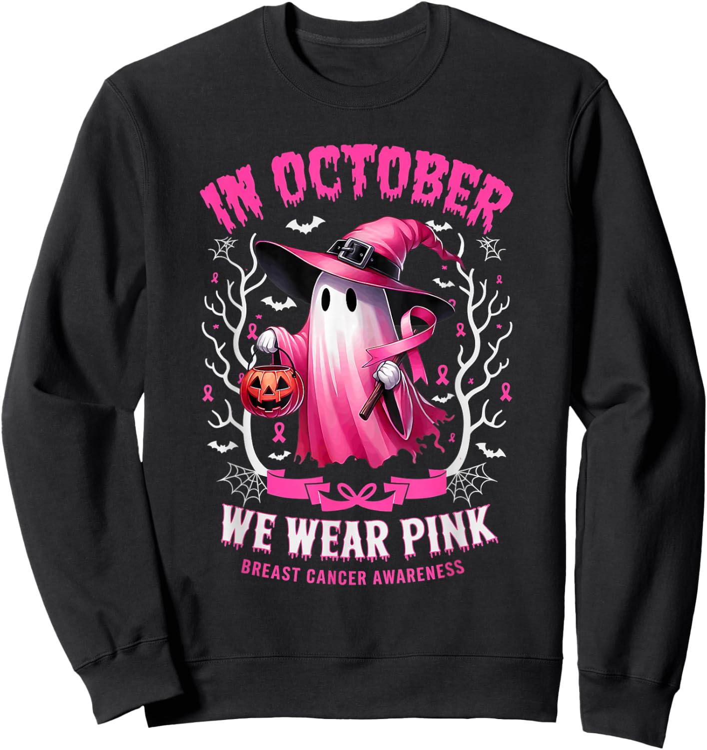 In October We Wear Pink Ghost Witch Breast Cancer Awareness Sweatshirt - Sweatshirt | Black