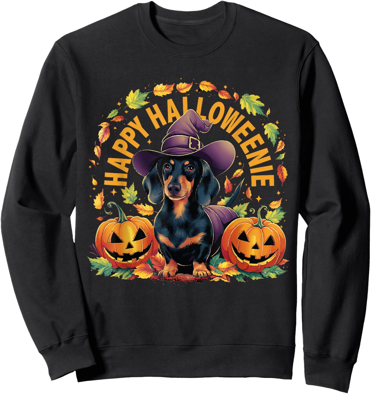 Happy Halloweenie Dachshund Halloween Sweatshirt - Sweatshirt | Black