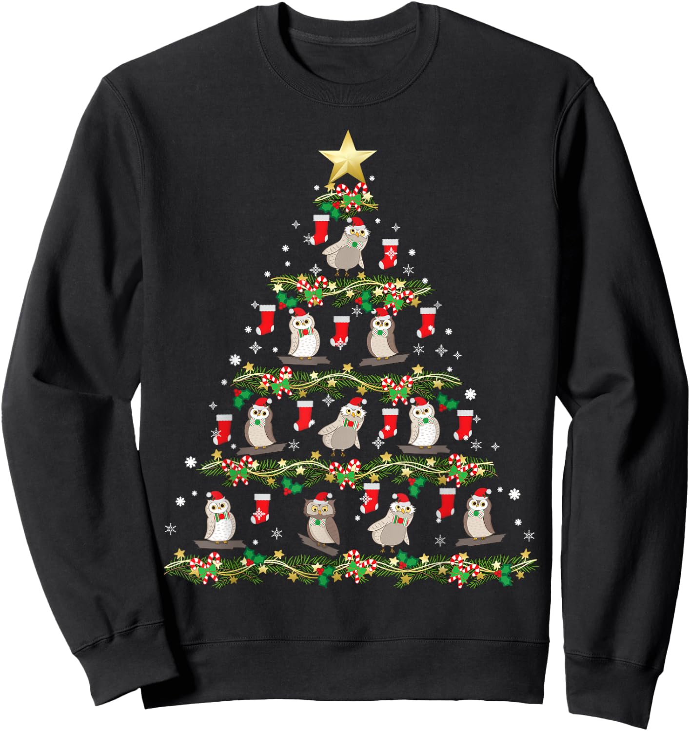 Christmas Animals Designs Owl Christmas Tree Sweatshirt - Sweatshirt | Black
