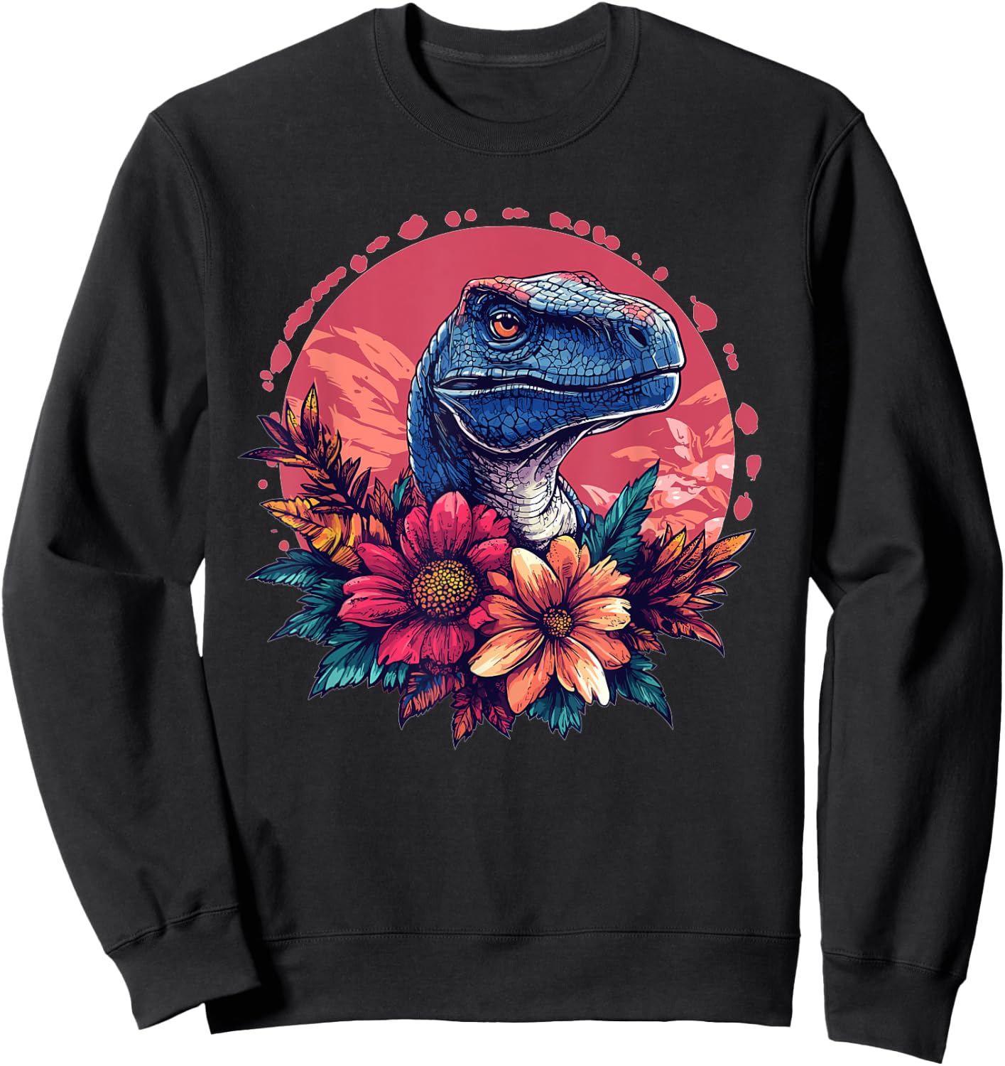 Velociraptor Head With Flowers Sunset Sweatshirt - Sweatshirt | Black