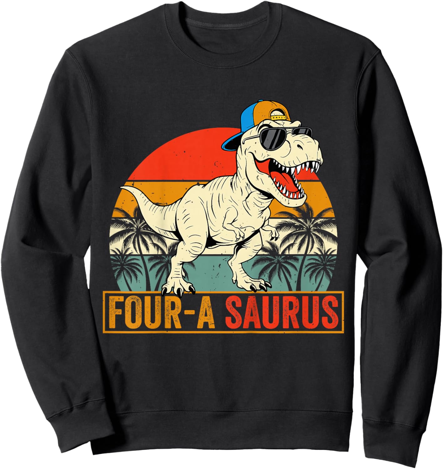 Kids Four-A-Saurus Funny Dino Dinosaur Lover 4th Birthday Sweatshirt - Sweatshirt | Black