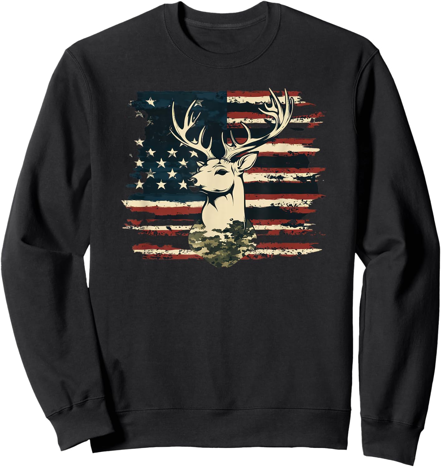 Deer Camo USA Flag Deer Elk Buck Hunting Graphic Sweatshirt - Sweatshirt | Black