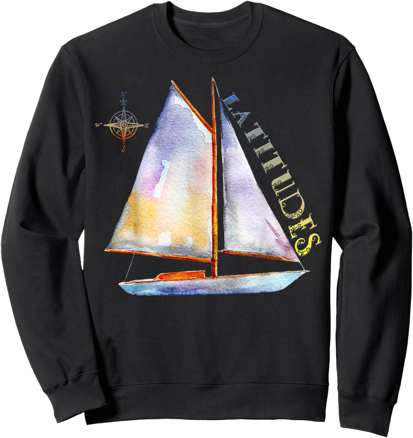 Watercolor Sailboat with Compass and LATITUDES Sailing Sweatshirt - Sweatshirt | Black