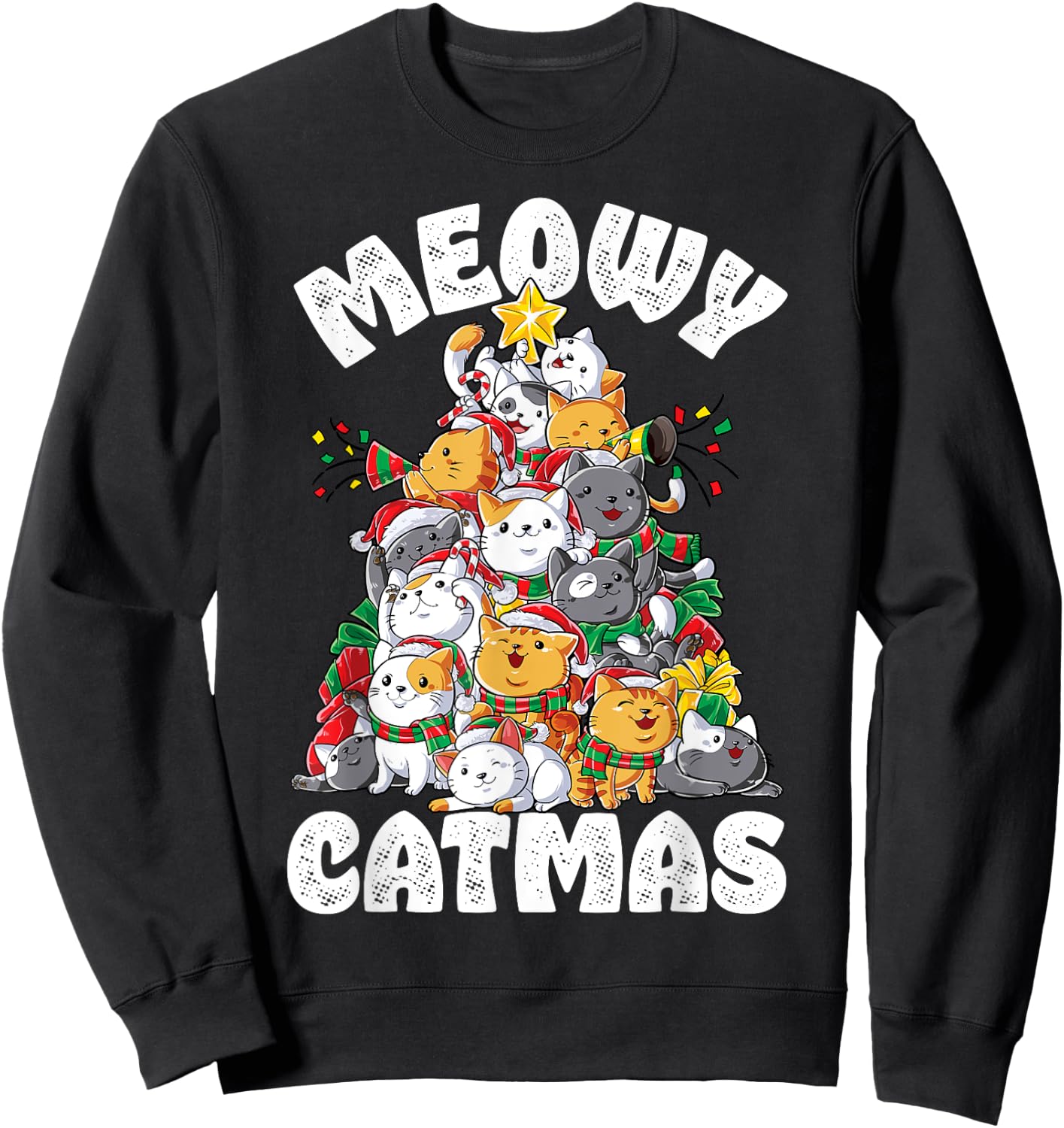 Meowy Catmas Cat Christmas Tree Xmas Girls Boys Funny Santa Short Sleeve Sweatshirt - Sweatshirt | Black